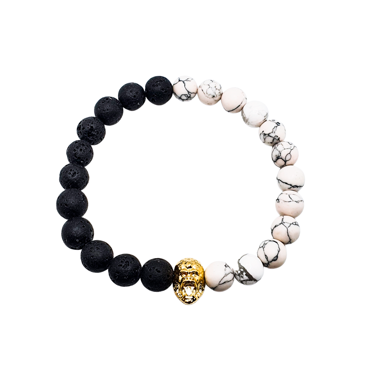 Pulsera hombre de gorila en chapa de oro de 14k con piedra volcánica y piedra howlita 