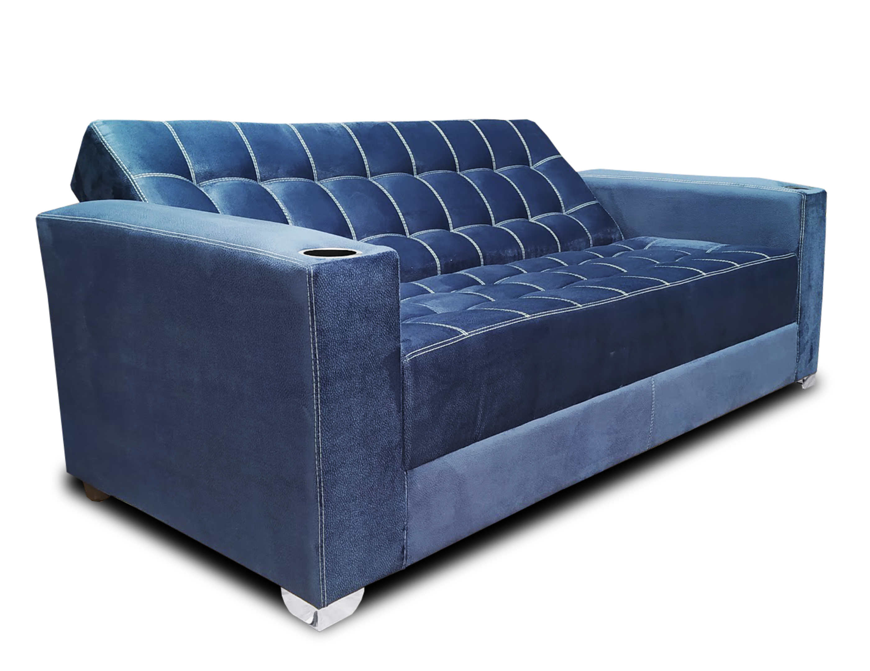 Sofa cama Jeffrey con 02 portavasos tela suave azul cojines carmin/ MADERIAN // ENTREGA EN CDMX Y ZONA METROPOLITANA