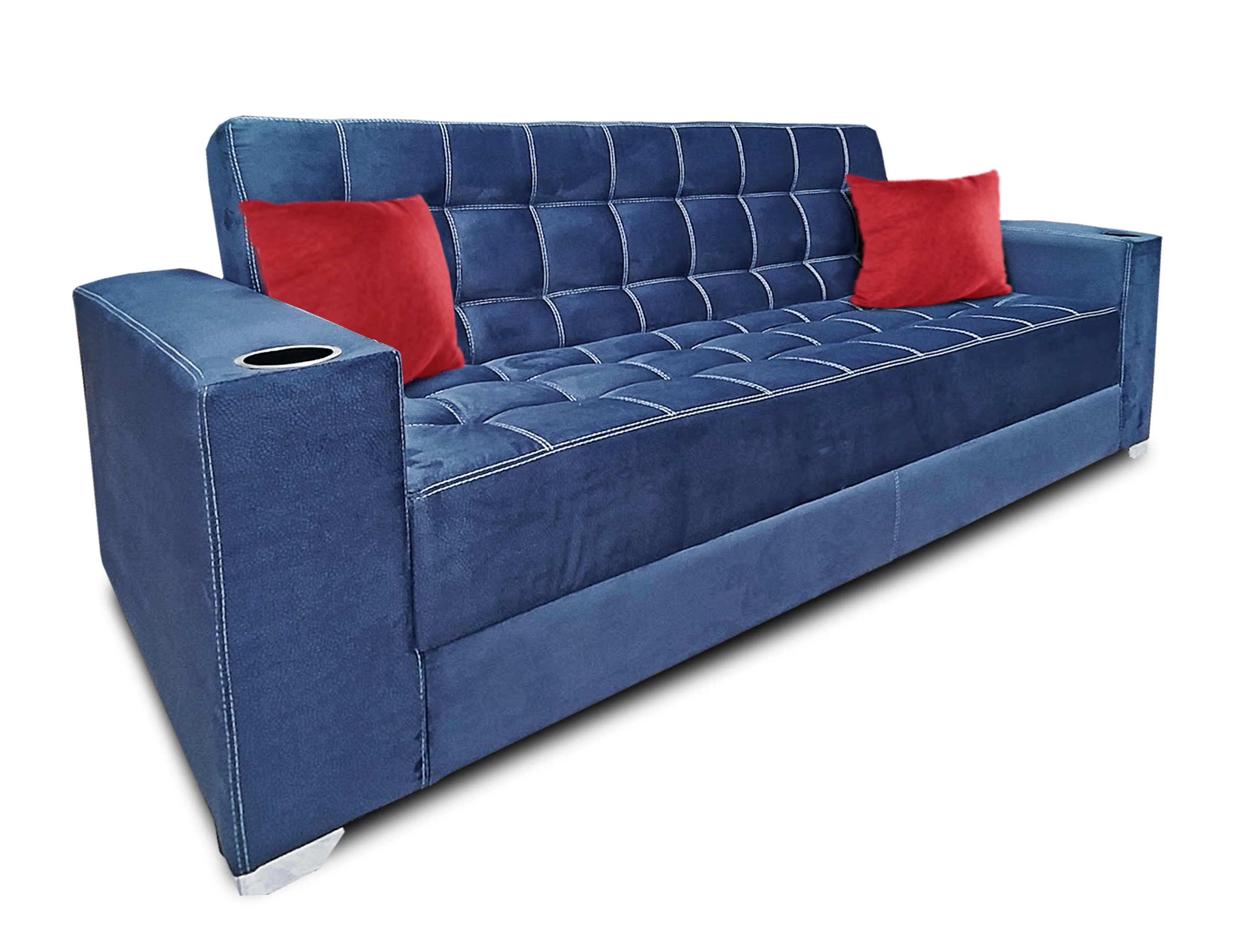 Sofa cama Jeffrey con 02 portavasos tela suave azul cojines carmin/ MADERIAN // ENTREGA EN CDMX Y ZONA METROPOLITANA