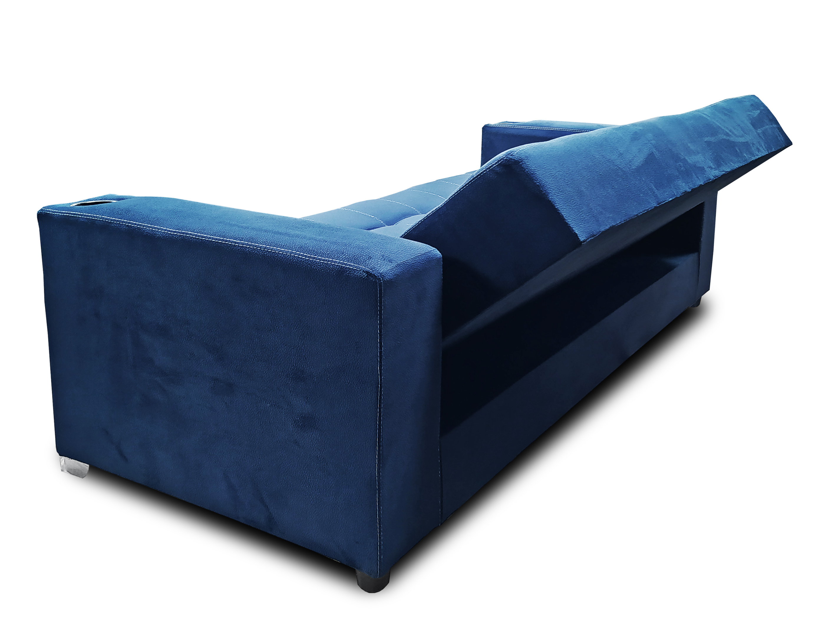 Sofa cama Jeffrey con 02 portavasos tela suave azul cojines carmin/ MADERIAN // ENTREGA EN CDMX Y ZONA METROPOLITANA