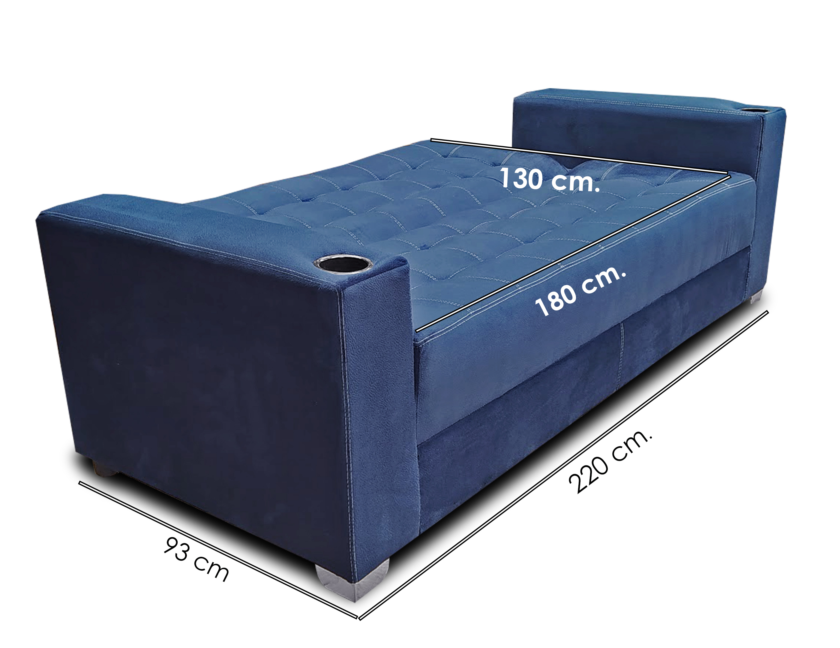 Sofa cama Jeffrey con 02 portavasos tela suave azul cojines carmin/ MADERIAN // ENTREGA EN CDMX Y ZONA METROPOLITANA