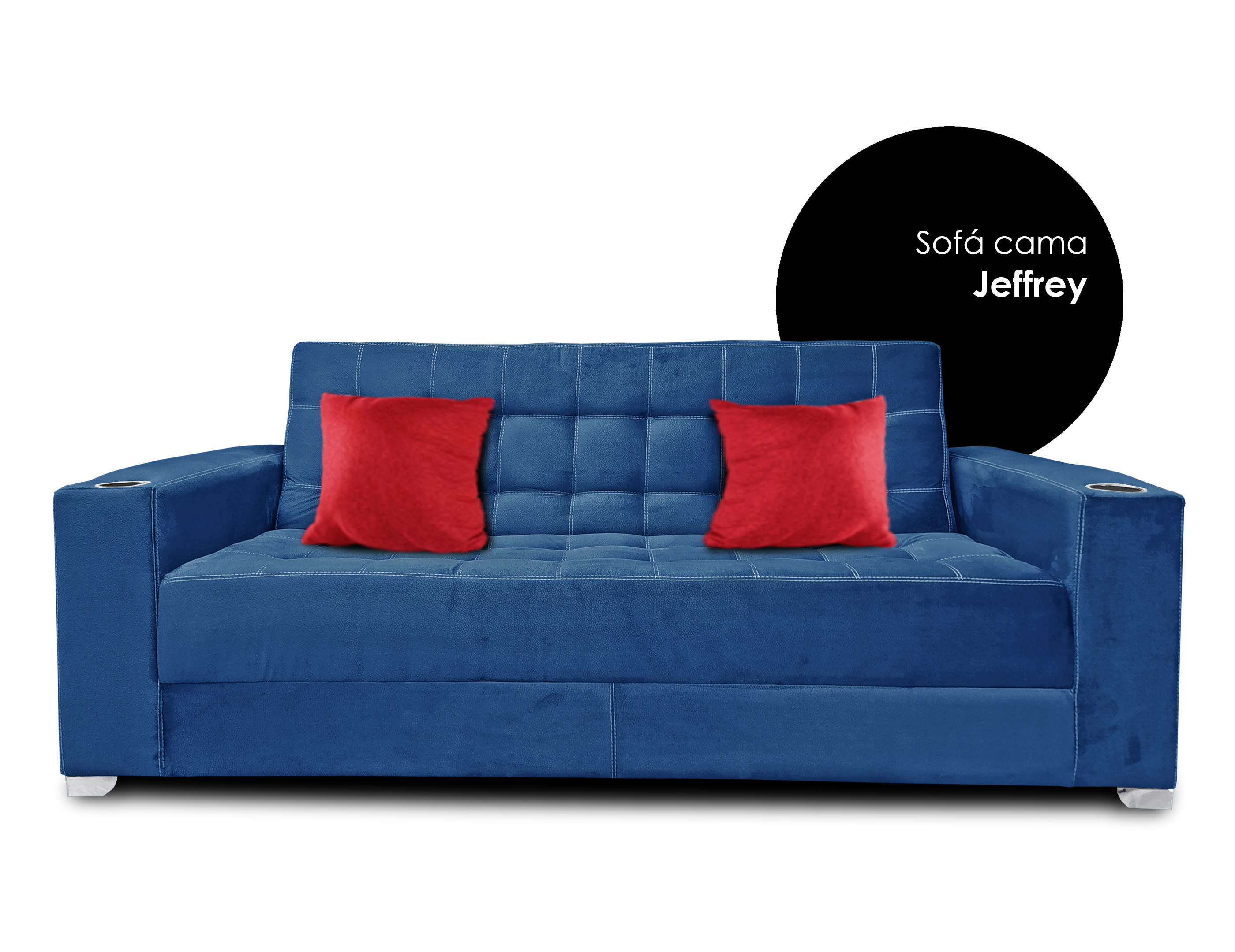 Sofa cama Jeffrey con 02 portavasos tela suave azul cojines carmin/ MADERIAN // ENTREGA EN CDMX Y ZONA METROPOLITANA