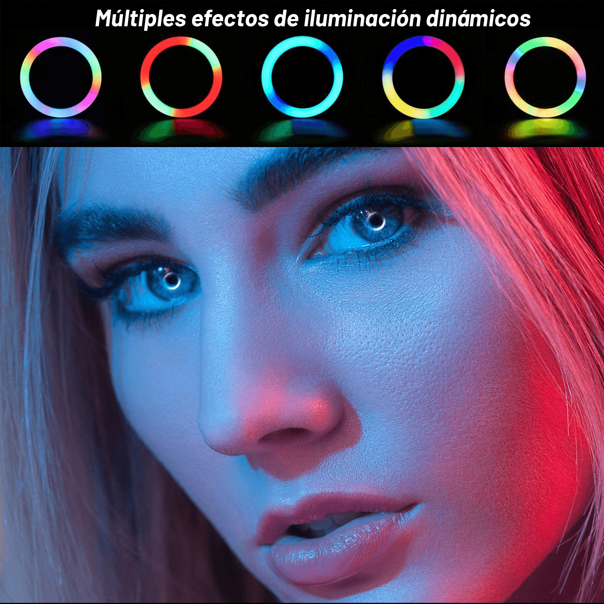 Aro Luz Multicolor Archy Anillo de luz RGB 10 Pulgadas y Tripie de 2 Metros con Soporte Celular 16 colores, 4 modos de flash