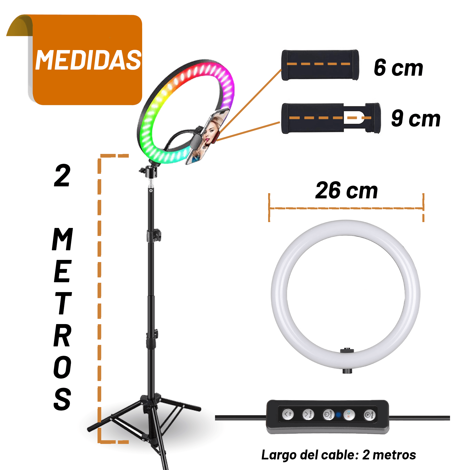 Aro Luz Multicolor Archy Anillo de luz RGB 10 Pulgadas y Tripie de 2 Metros con Soporte Celular 16 colores, 4 modos de flash