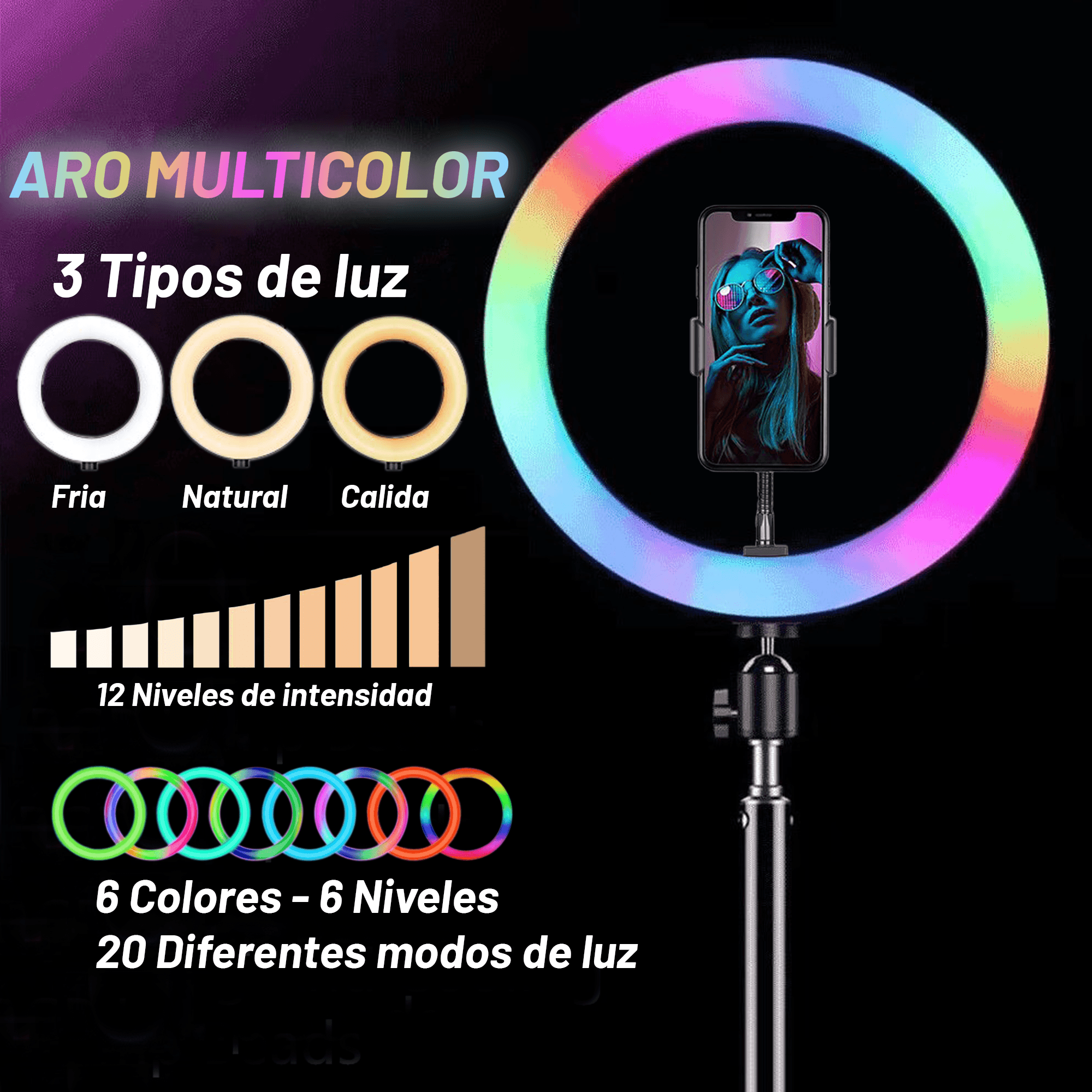 Aro Luz Multicolor Archy Anillo de luz RGB 10 Pulgadas y Tripie de 2 Metros con Soporte Celular 16 colores, 4 modos de flash