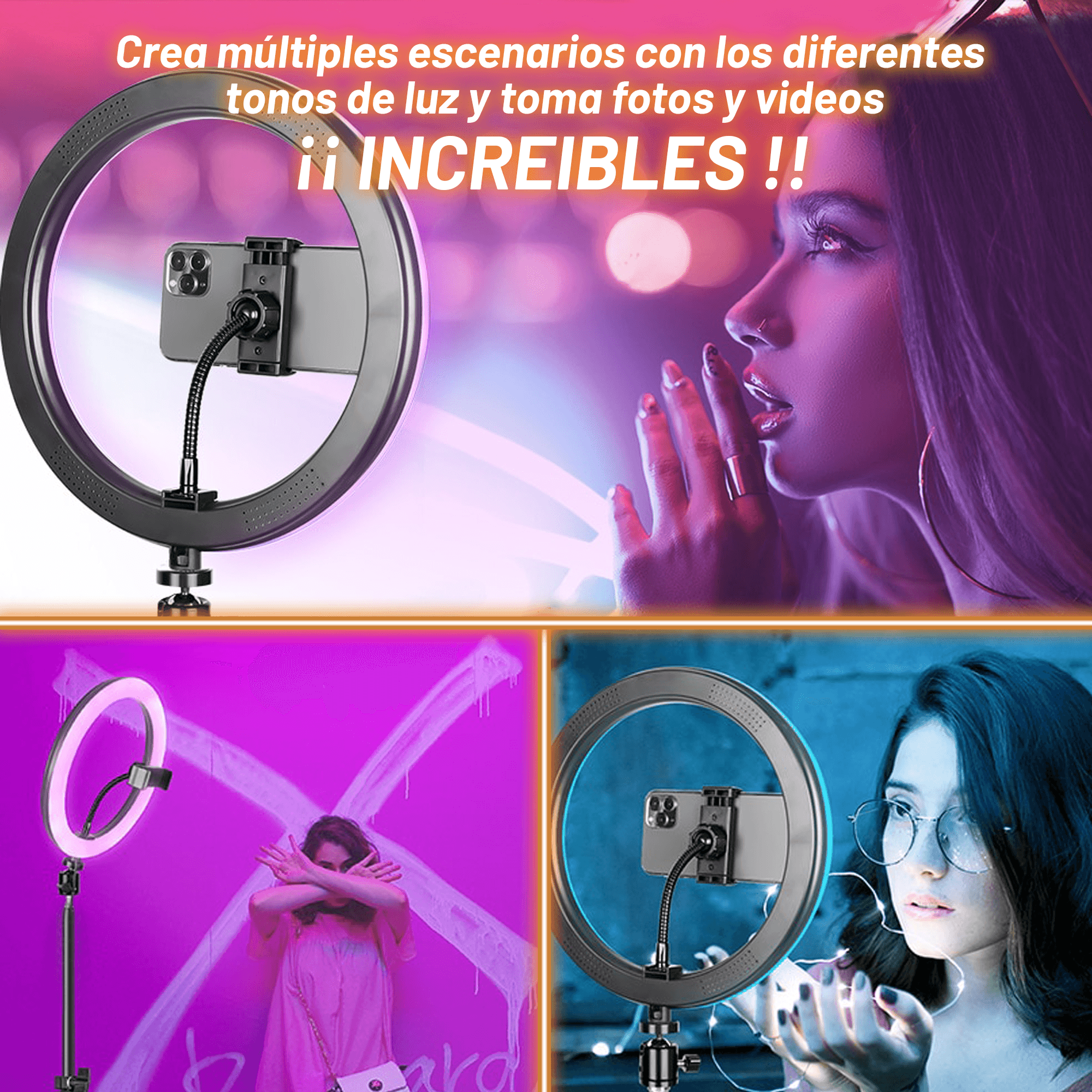 Aro Luz Multicolor Archy Anillo de luz RGB 10 Pulgadas y Tripie de 2 Metros con Soporte Celular 16 colores, 4 modos de flash