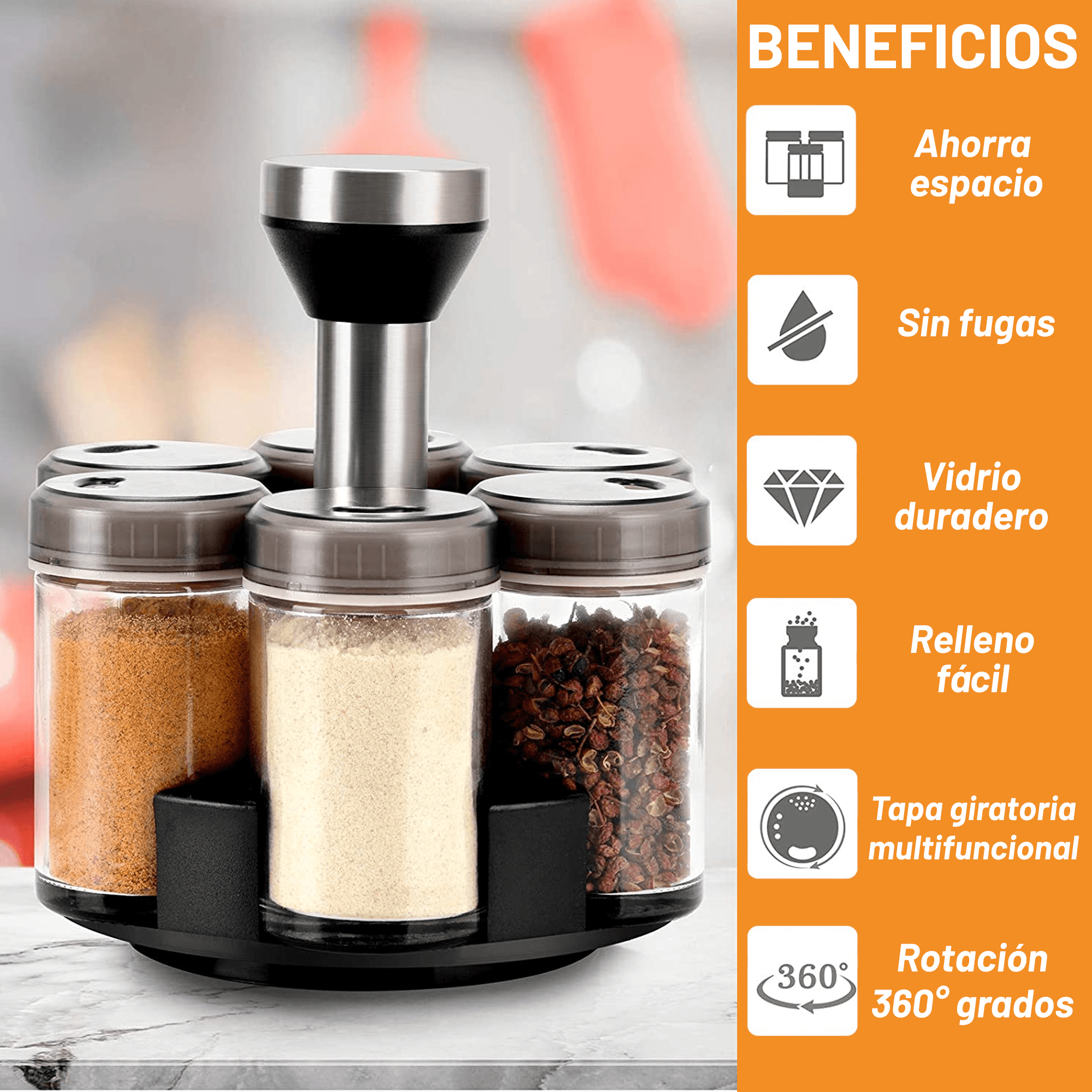 Archy Especiero Organizador de Especias Hierbas Carrusel de Frascos con 6 Tarros Giratorio 360 grados para Cocina Botes (PZ-538).