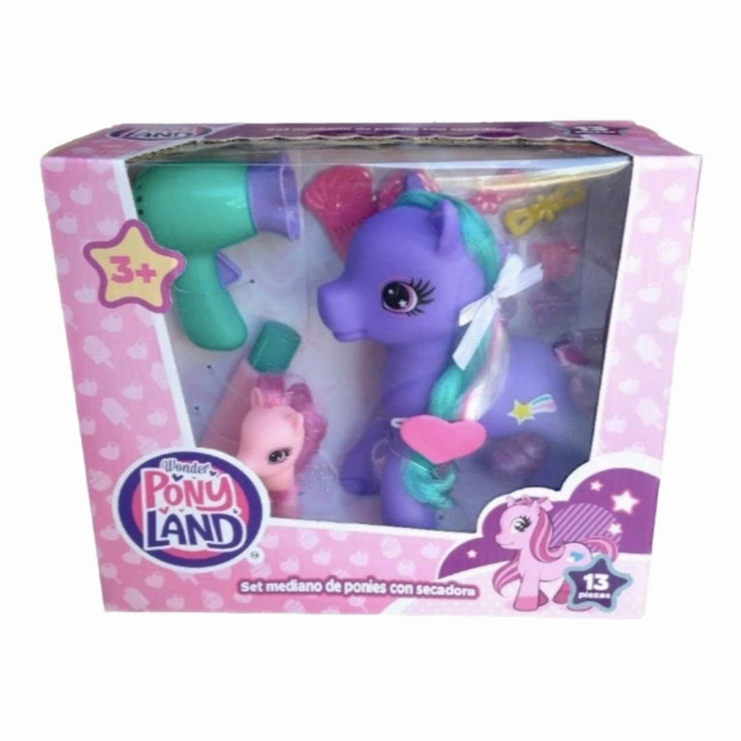 Wonder Pony Land Set De Ponies Con Secadora Mediano Morado