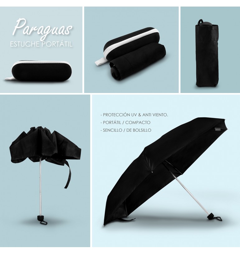 Paraguas Negro de bolsillo sombrilla automático protección rayos UV y Anti viento con estuche