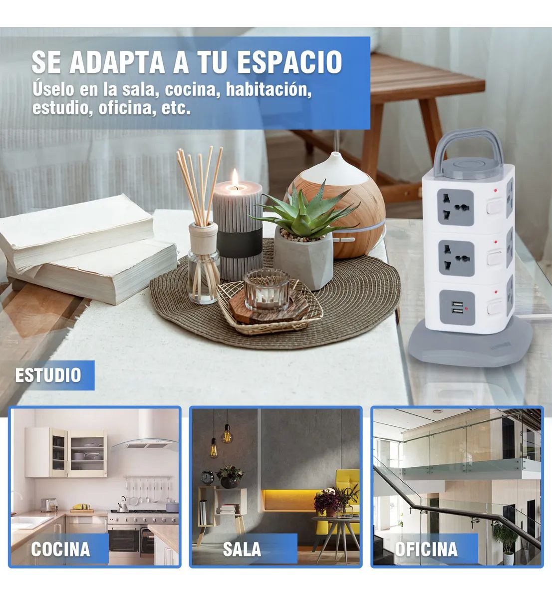 Multicontacto En Torre Regleta 11 Puertos Universal Y 2 Usb