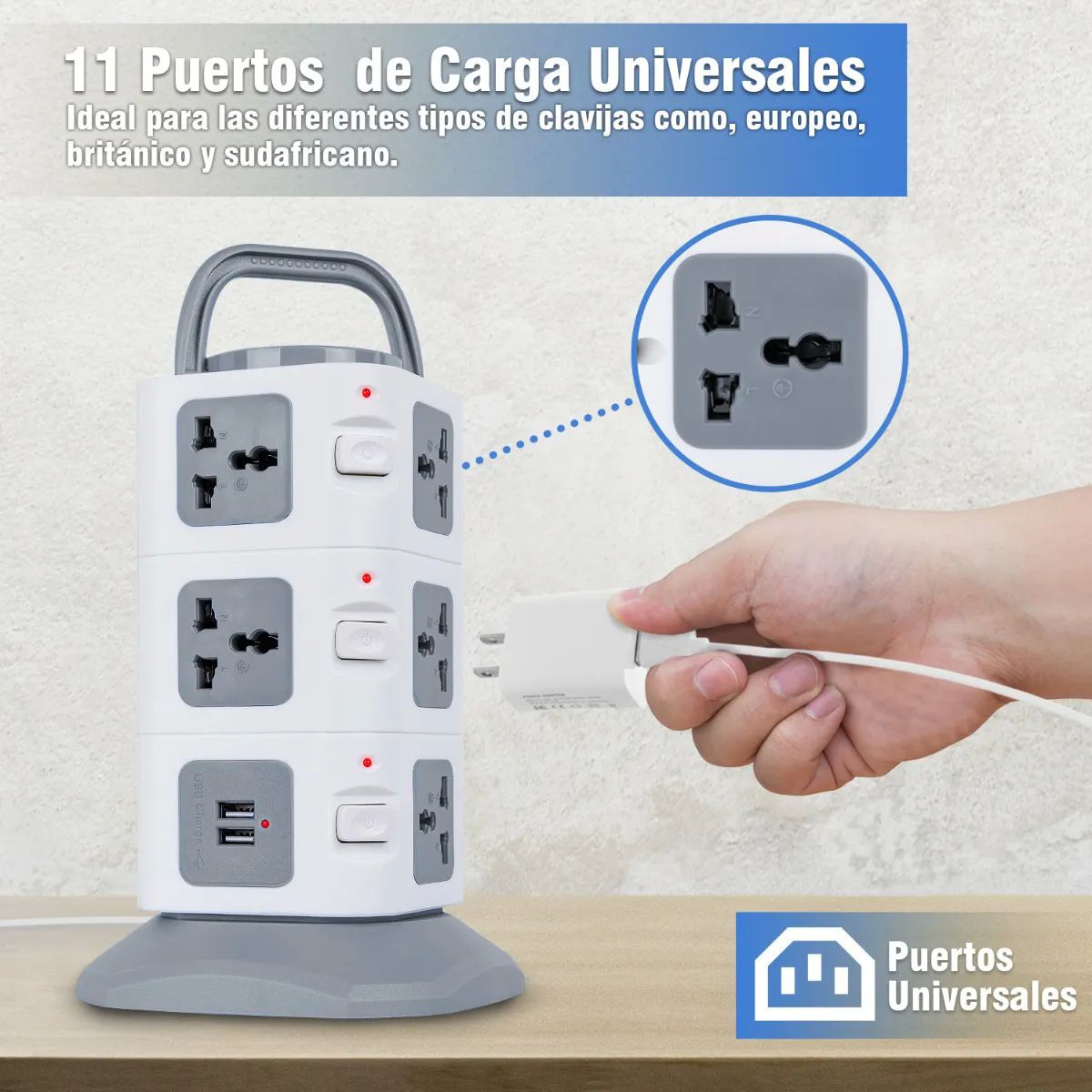 Multicontacto En Torre Regleta 11 Puertos Universal Y 2 Usb