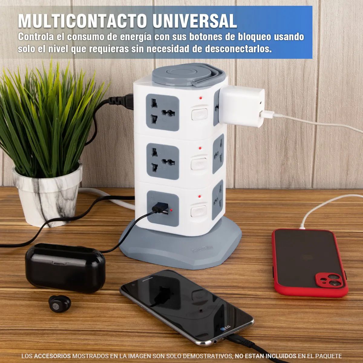 Multicontacto En Torre Regleta 11 Puertos Universal Y 2 Usb
