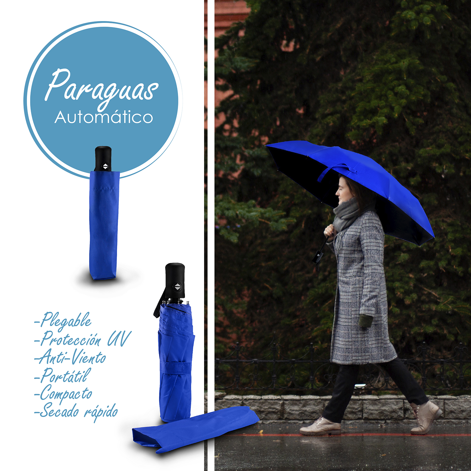 Paraguas Azul de bolsillo sombrilla automático protección rayos UV