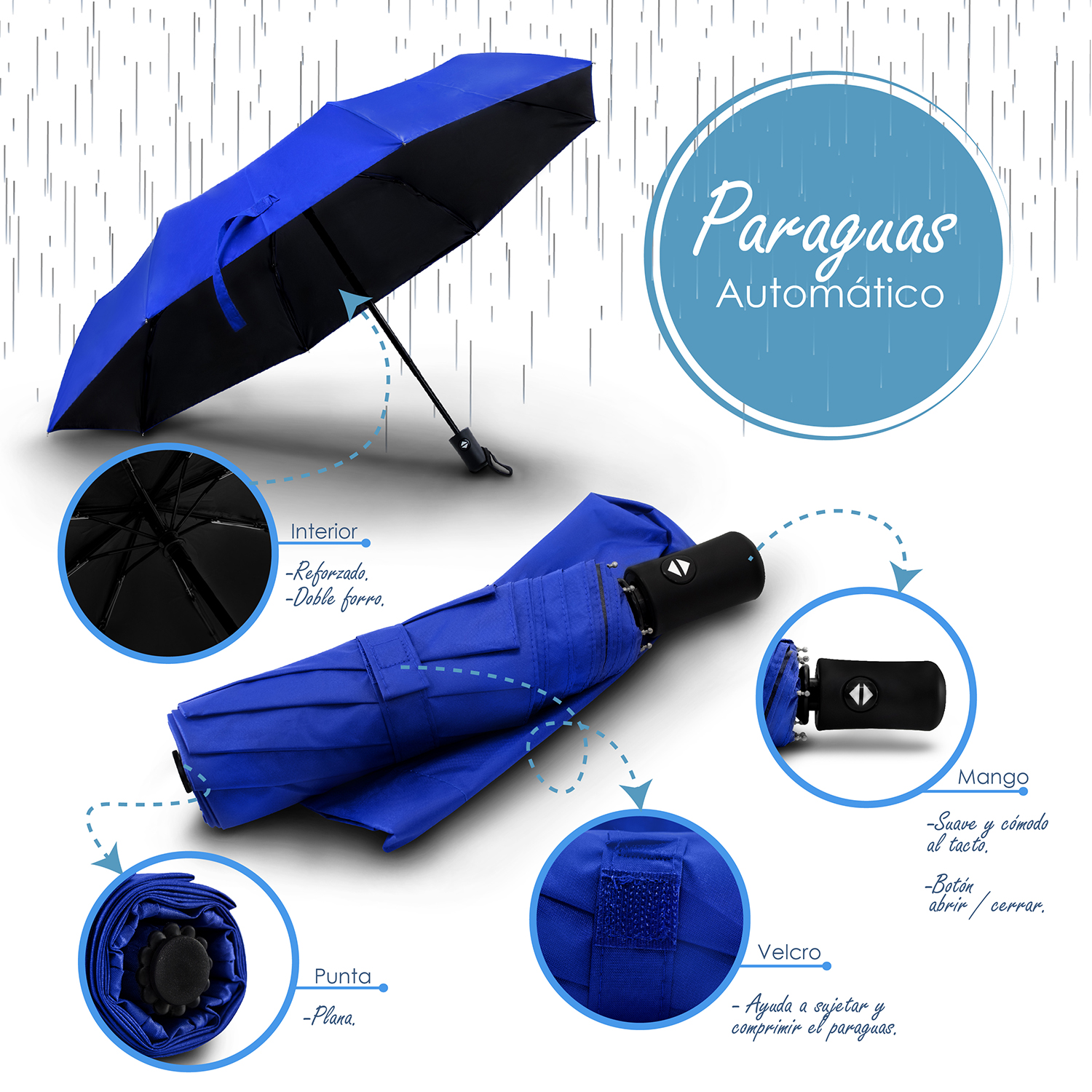 Paraguas Azul de bolsillo sombrilla automático protección rayos UV