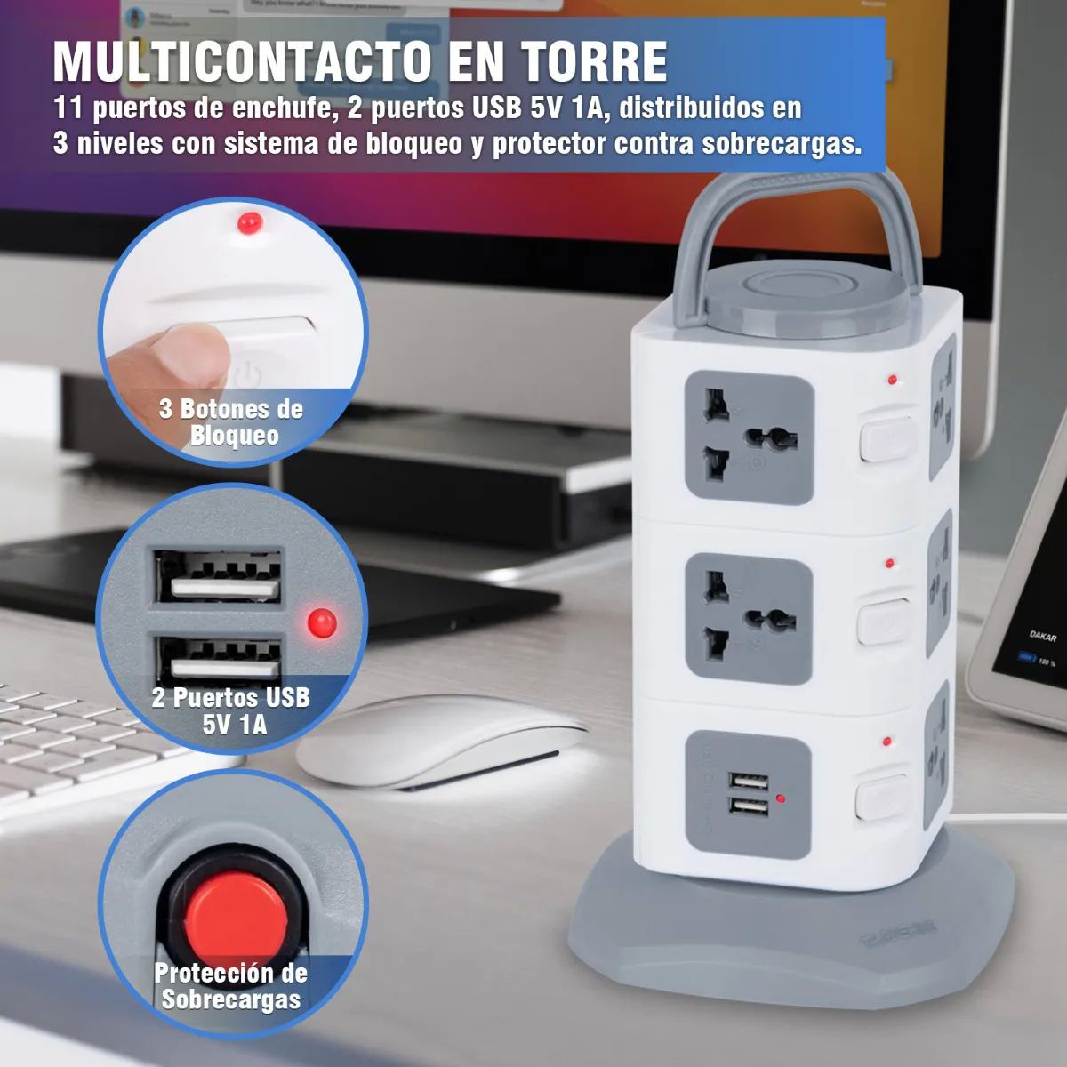 Multicontacto En Torre Regleta 11 Puertos Universal Y 2 Usb Azul