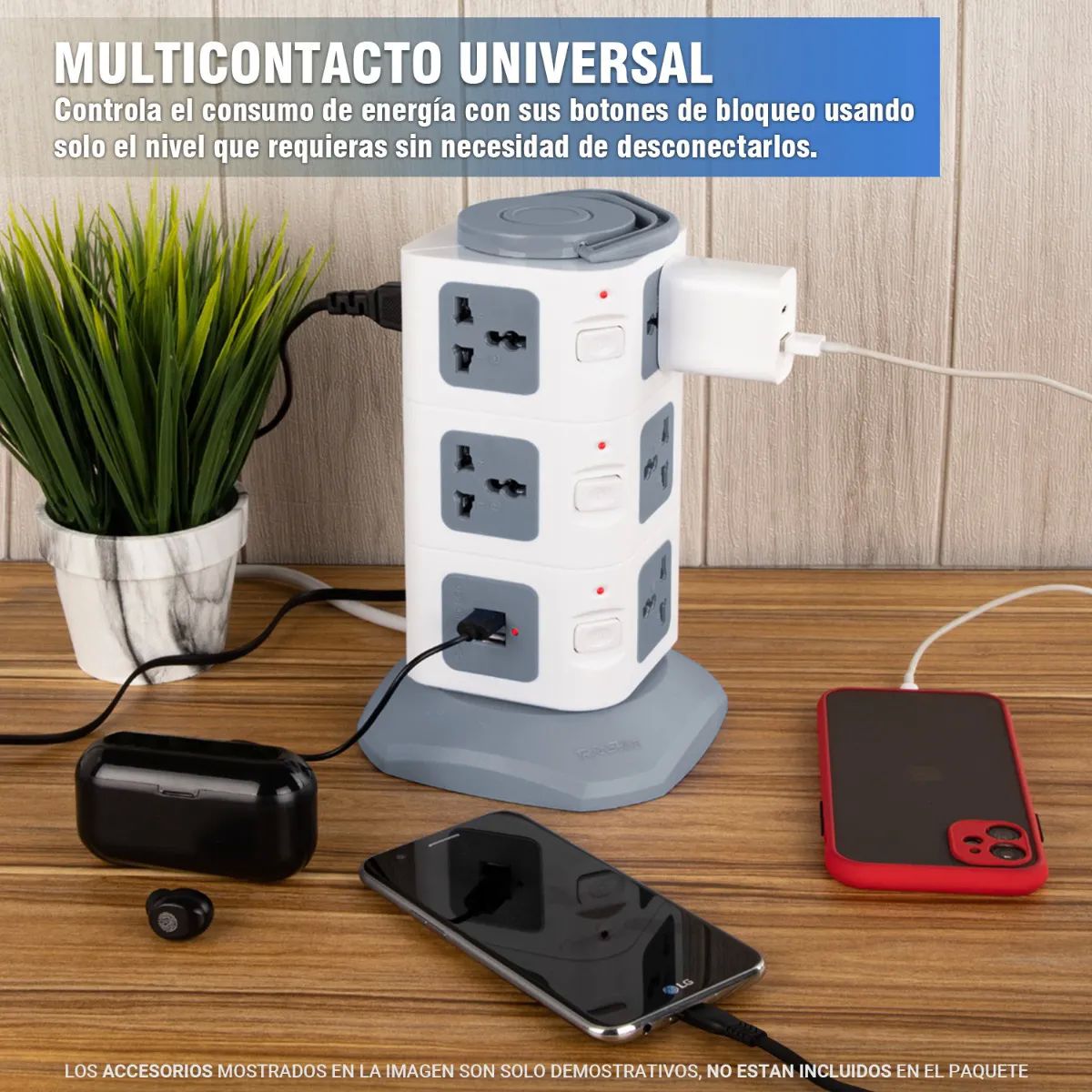 Multicontacto En Torre Regleta 11 Puertos Universal Y 2 Usb Azul