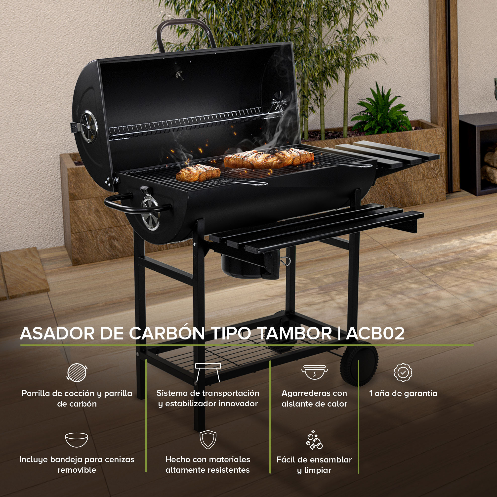 Asador De Carbón Tipo Barril 70 Cm Parrilladas Avera ACB02