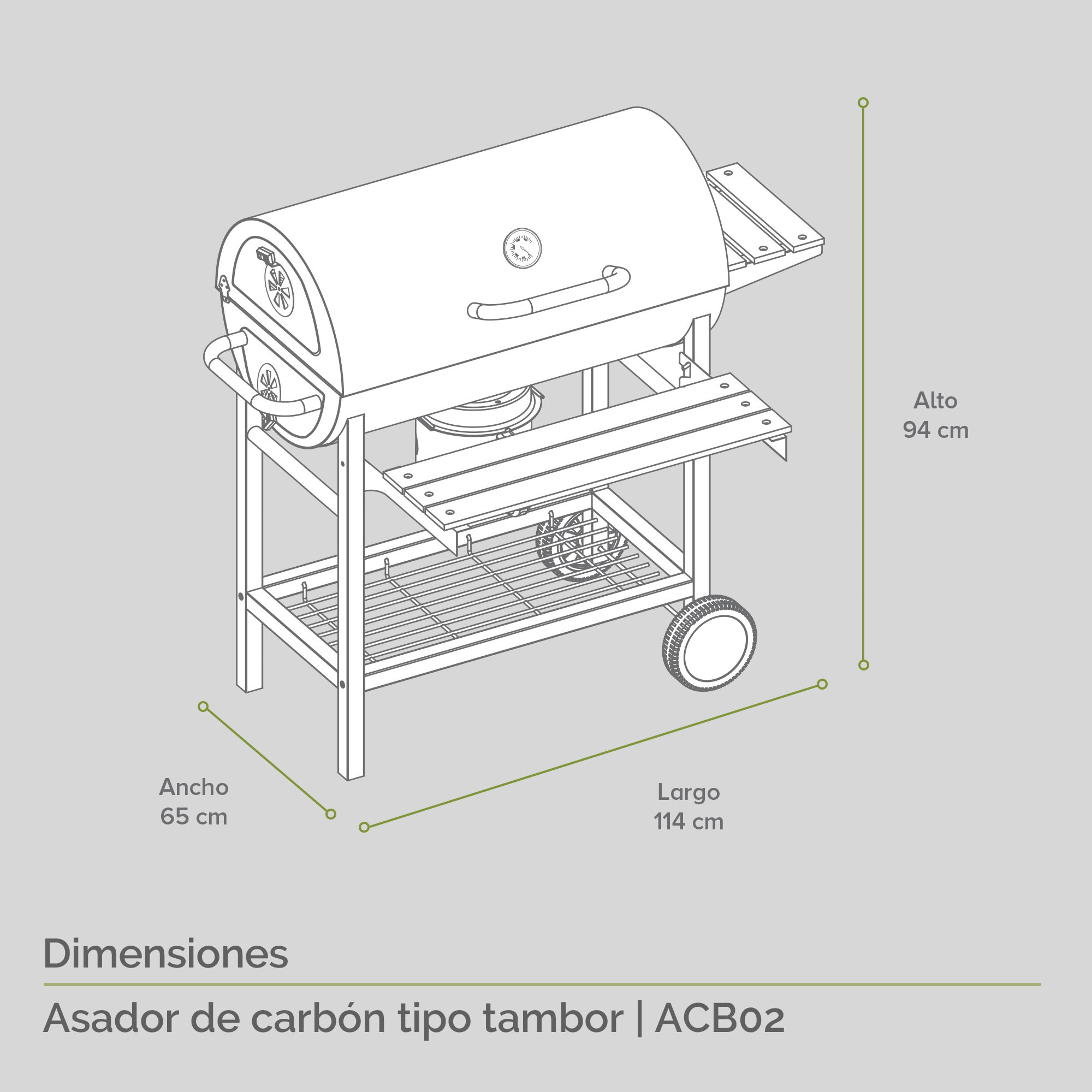 Asador De Carbón Tipo Barril 70 Cm Parrilladas Avera ACB02