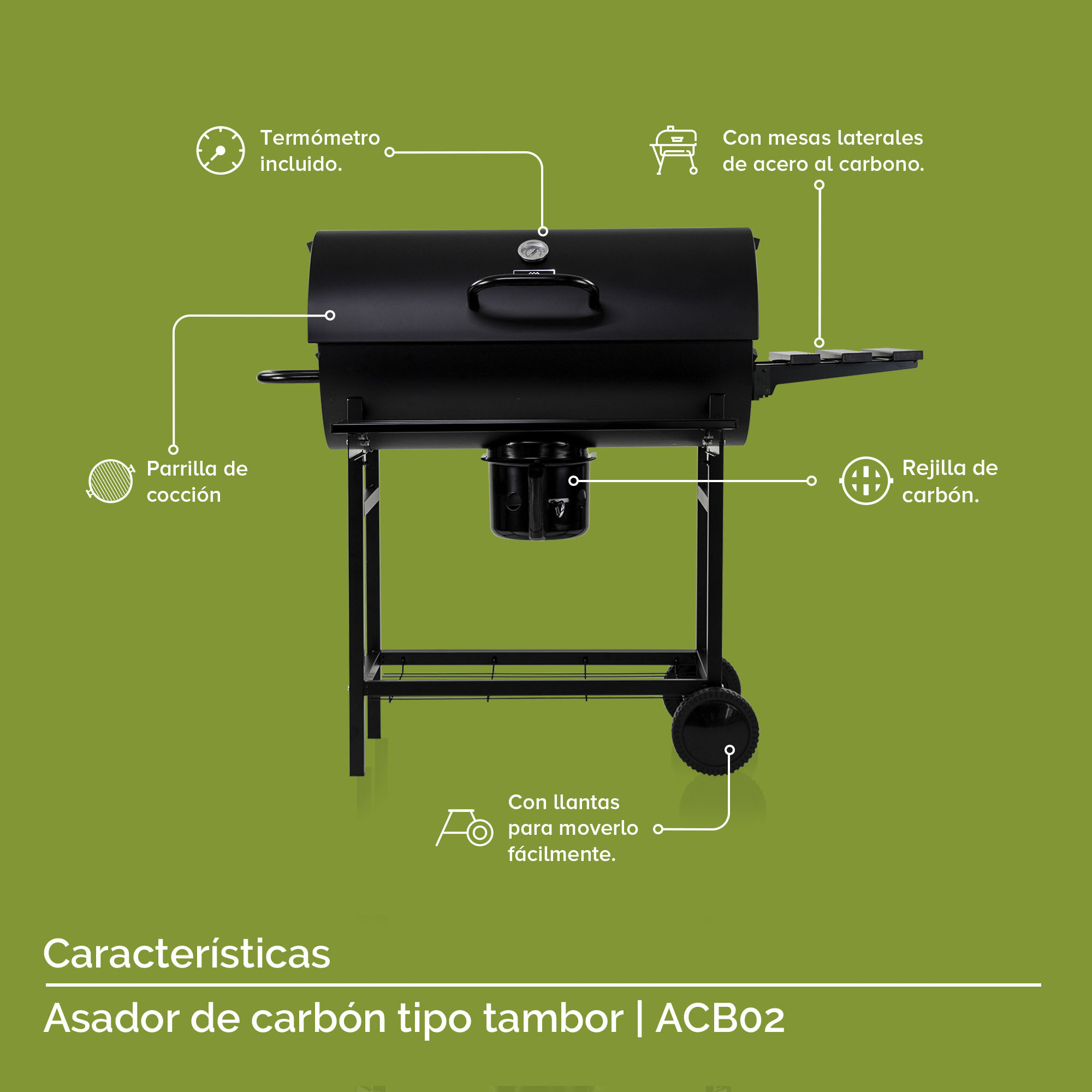 Asador De Carbón Tipo Barril 70 Cm Parrilladas Avera ACB02