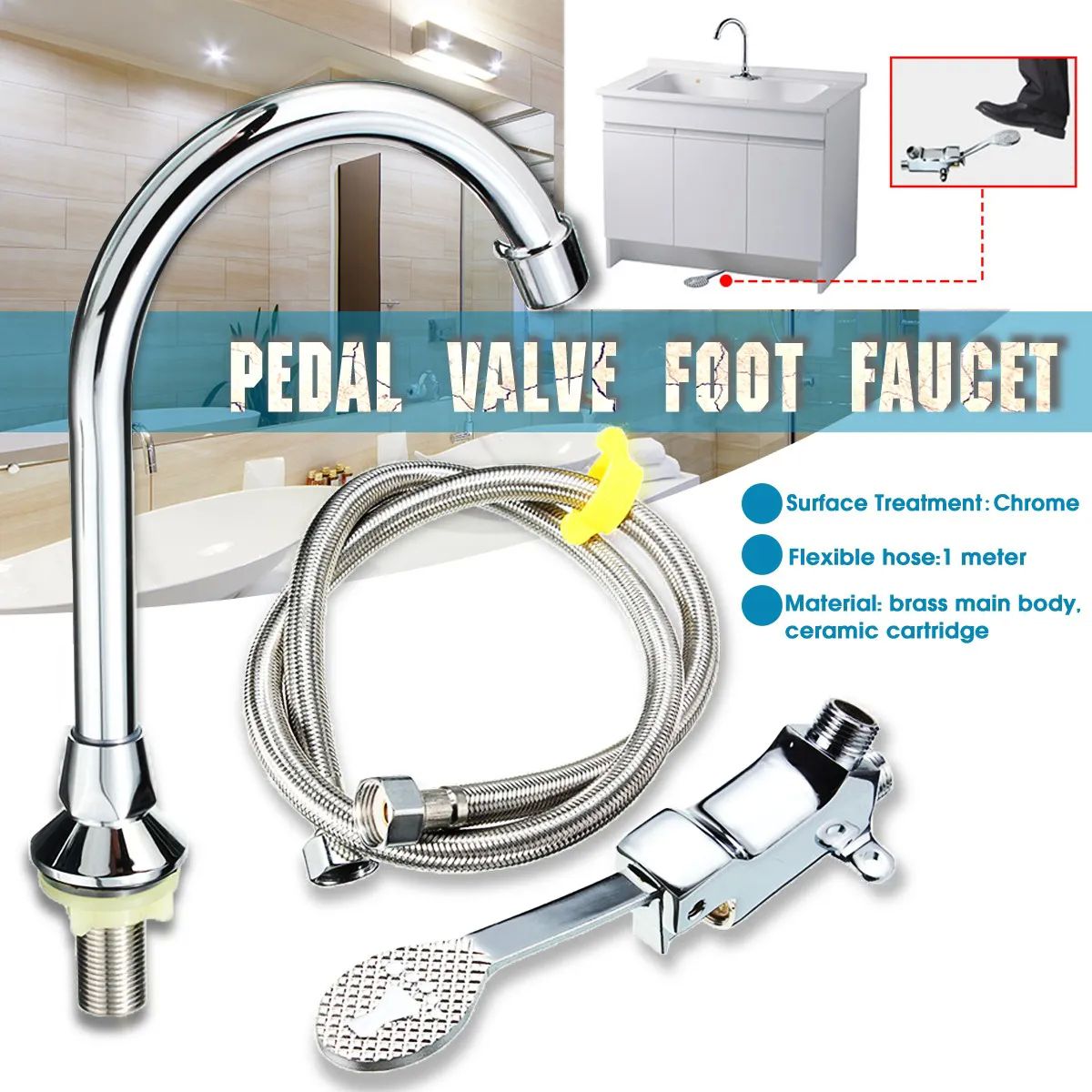 Grifo Lavabo Grifo Cobre Pedal Rosca G1/2 Manguera 1m