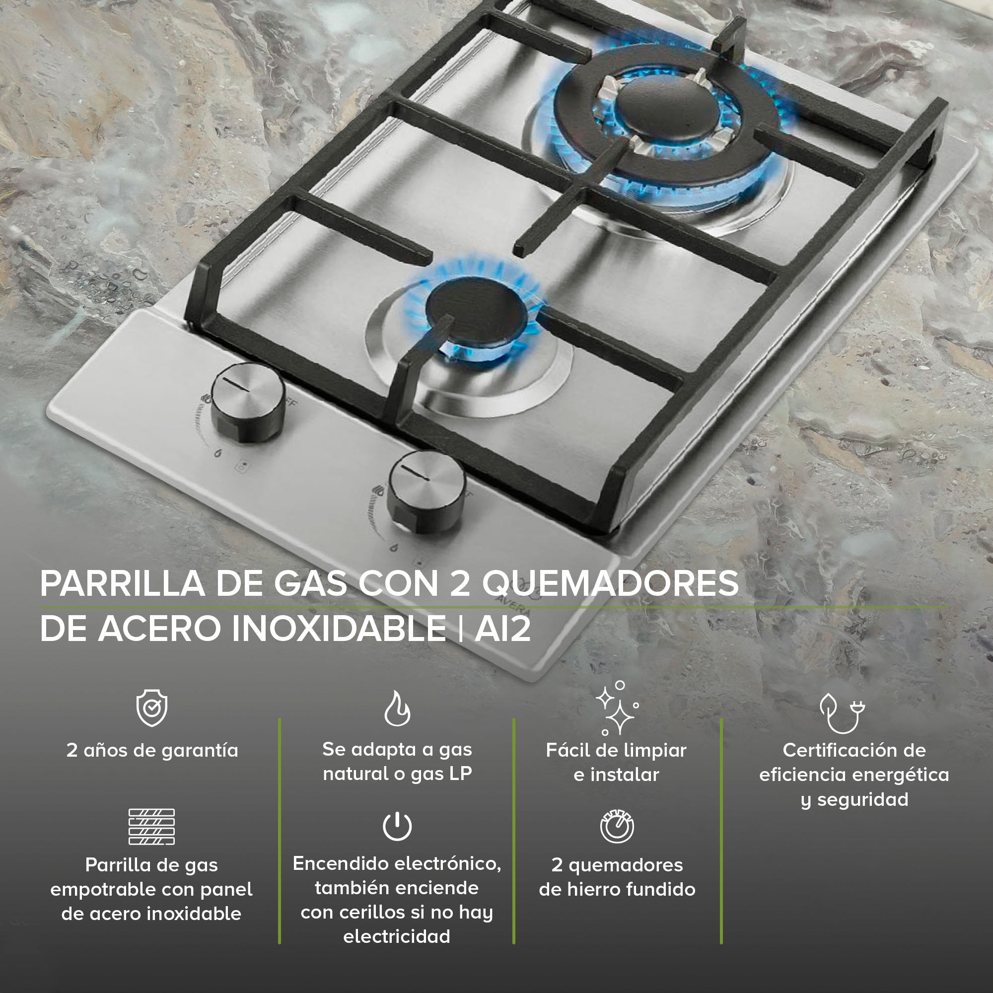 AVERA Parrilla de Gas Acero Inoxidable 2 Quemadores AI2
