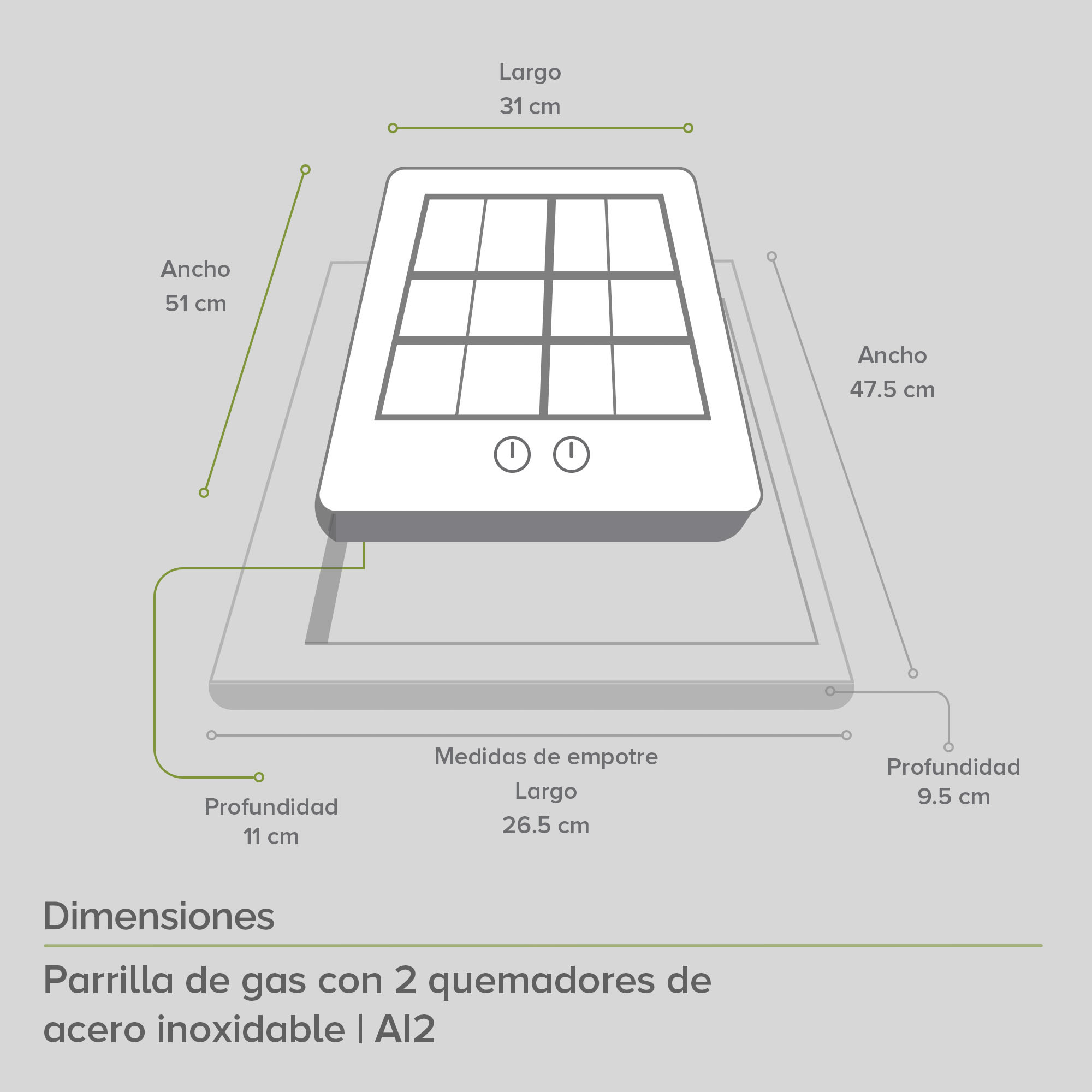 AVERA Parrilla de Gas Acero Inoxidable 2 Quemadores AI2