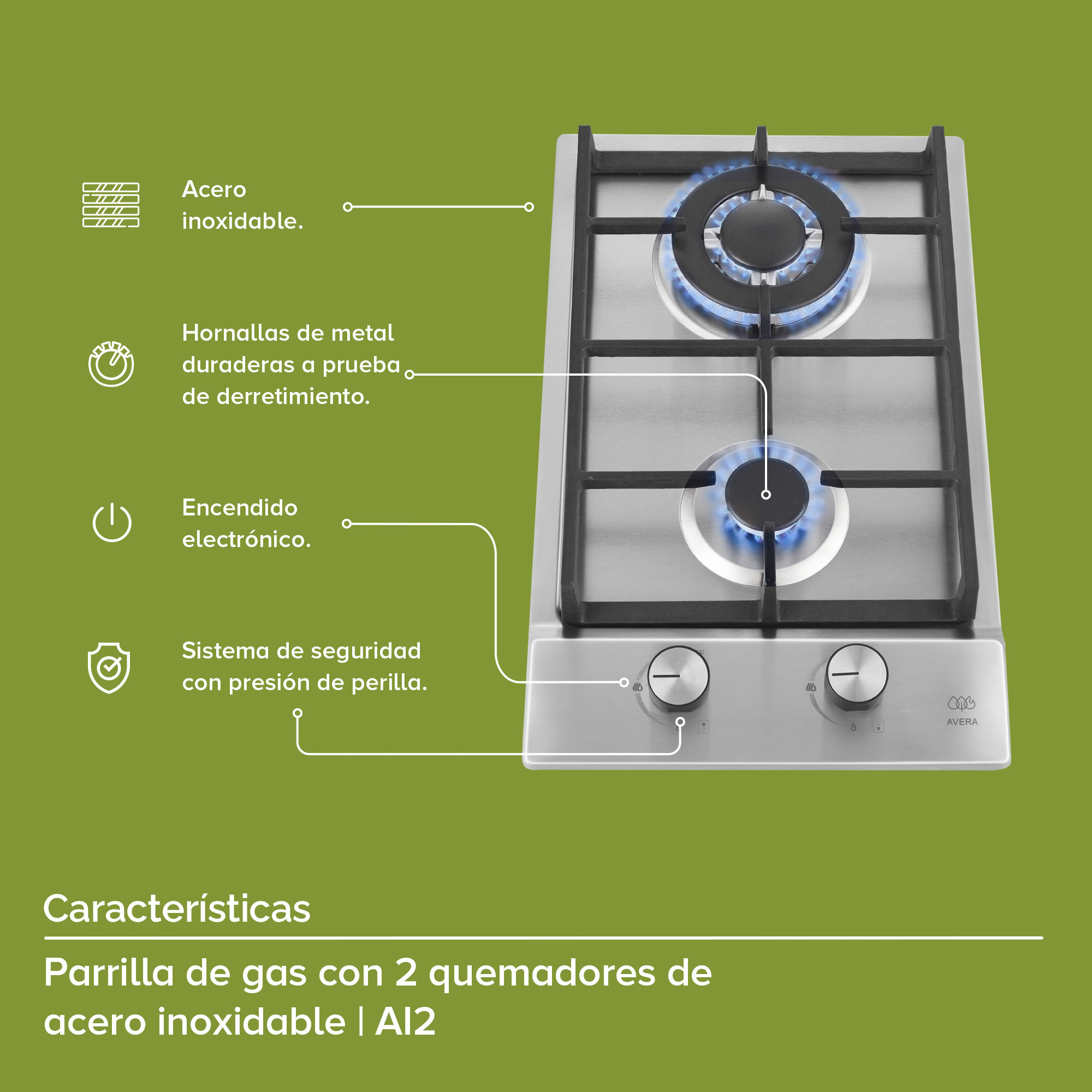 AVERA Parrilla de Gas Acero Inoxidable 2 Quemadores AI2