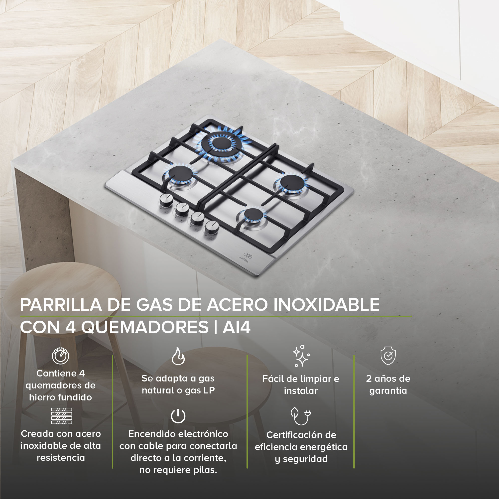 AVERA Parrilla de Gas Acero Inoxidable con 4 Quemadores AI4