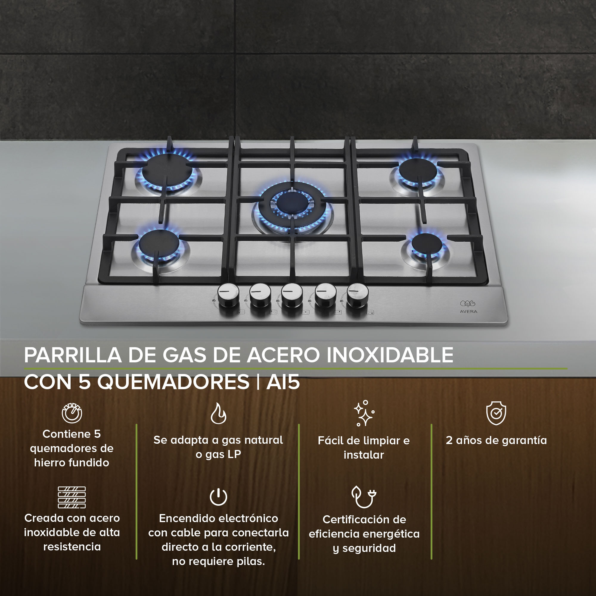 Parrilla de Gas Acero Inoxidable con 5 Quemadores Avera AI5