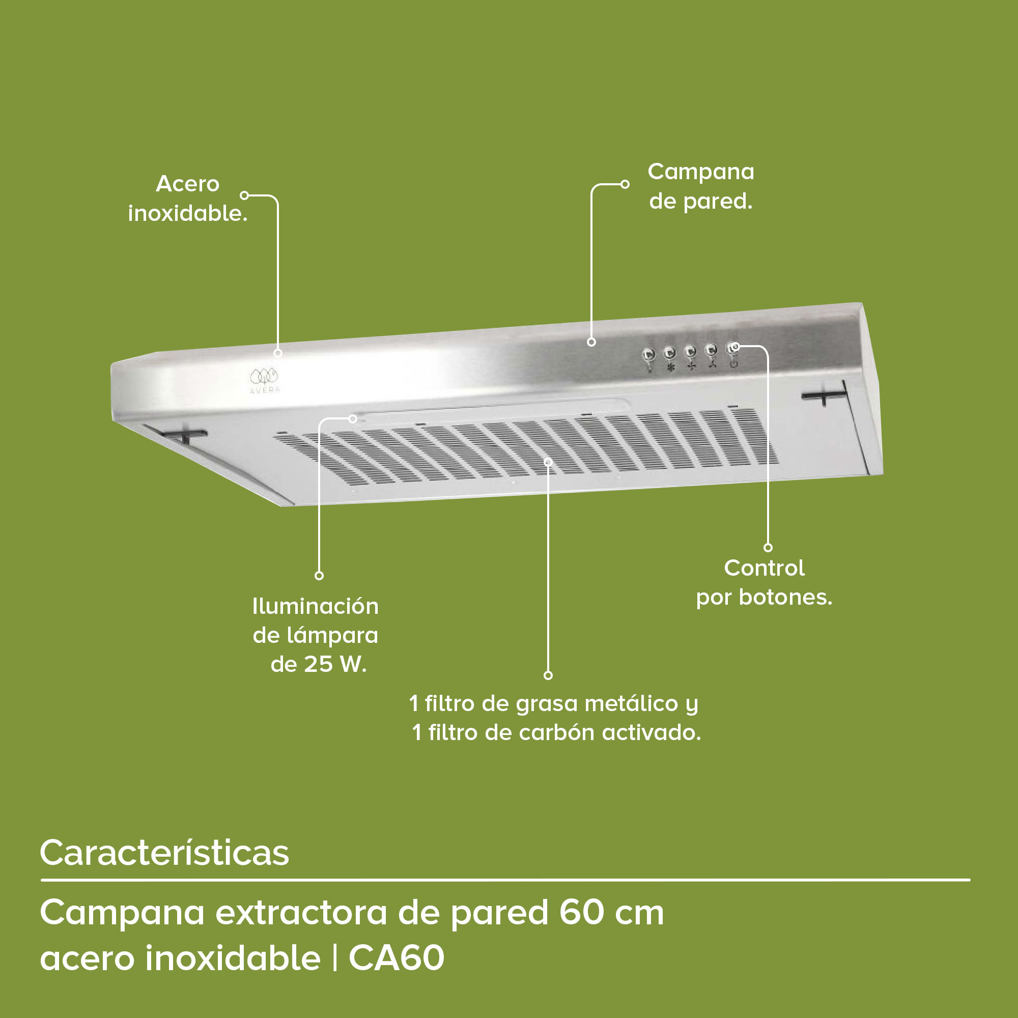 Campana Extractora o Purificadora para Cocina de Pared 60cm Acero Inoxidable Avera CEA60