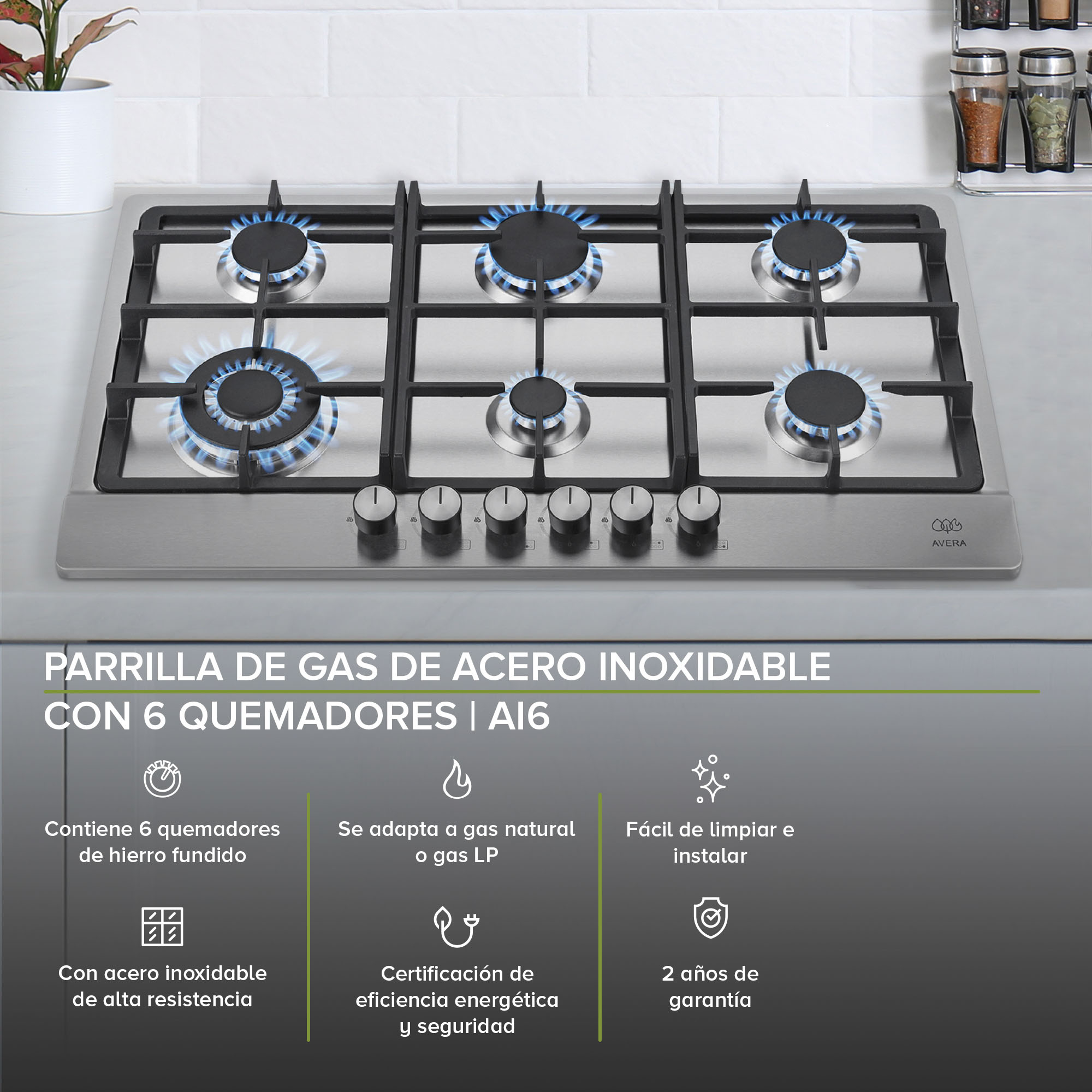 AVERA Parrilla de Gas Acero Inoxidable con 6 Quemadores AI6