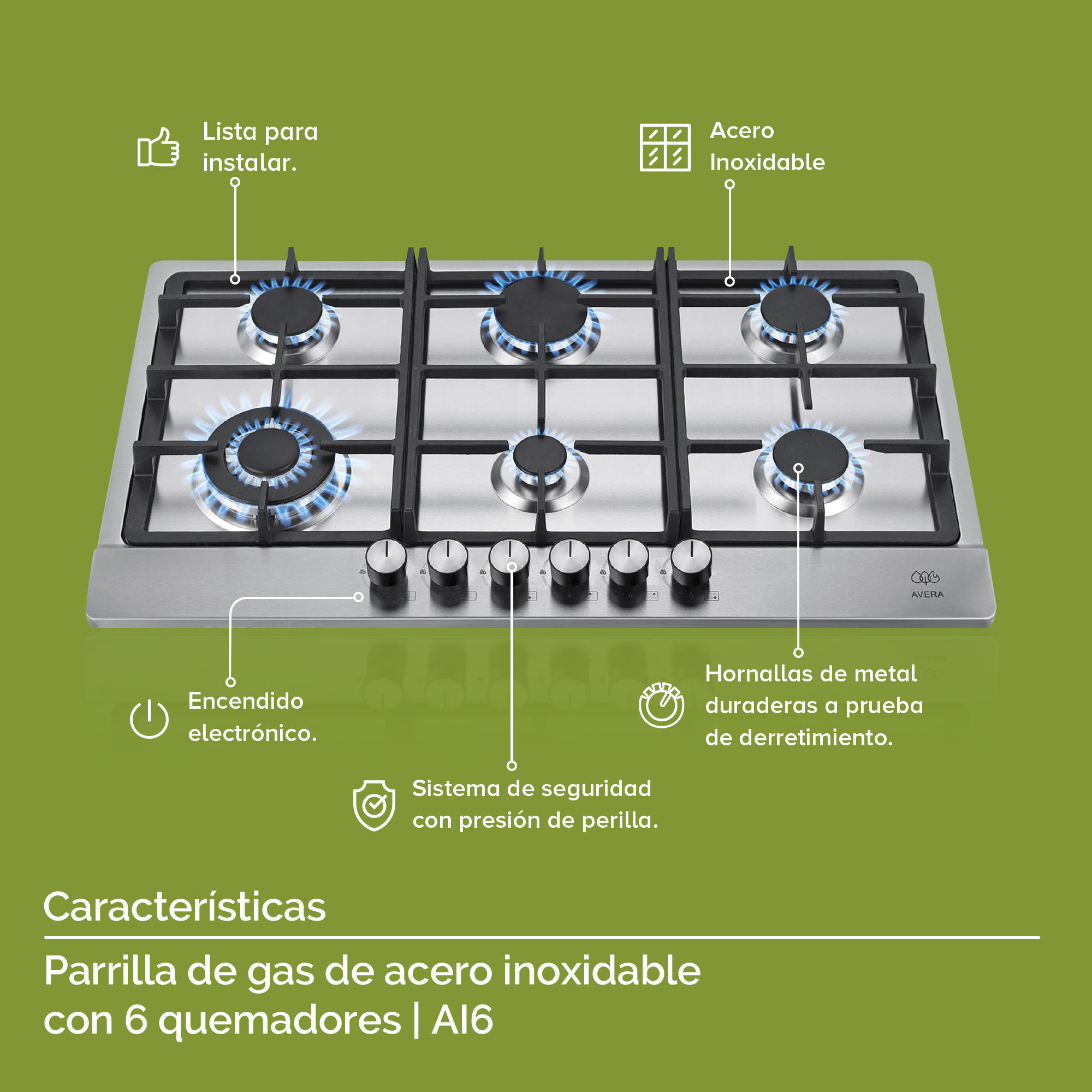 AVERA Parrilla de Gas Acero Inoxidable con 6 Quemadores AI6