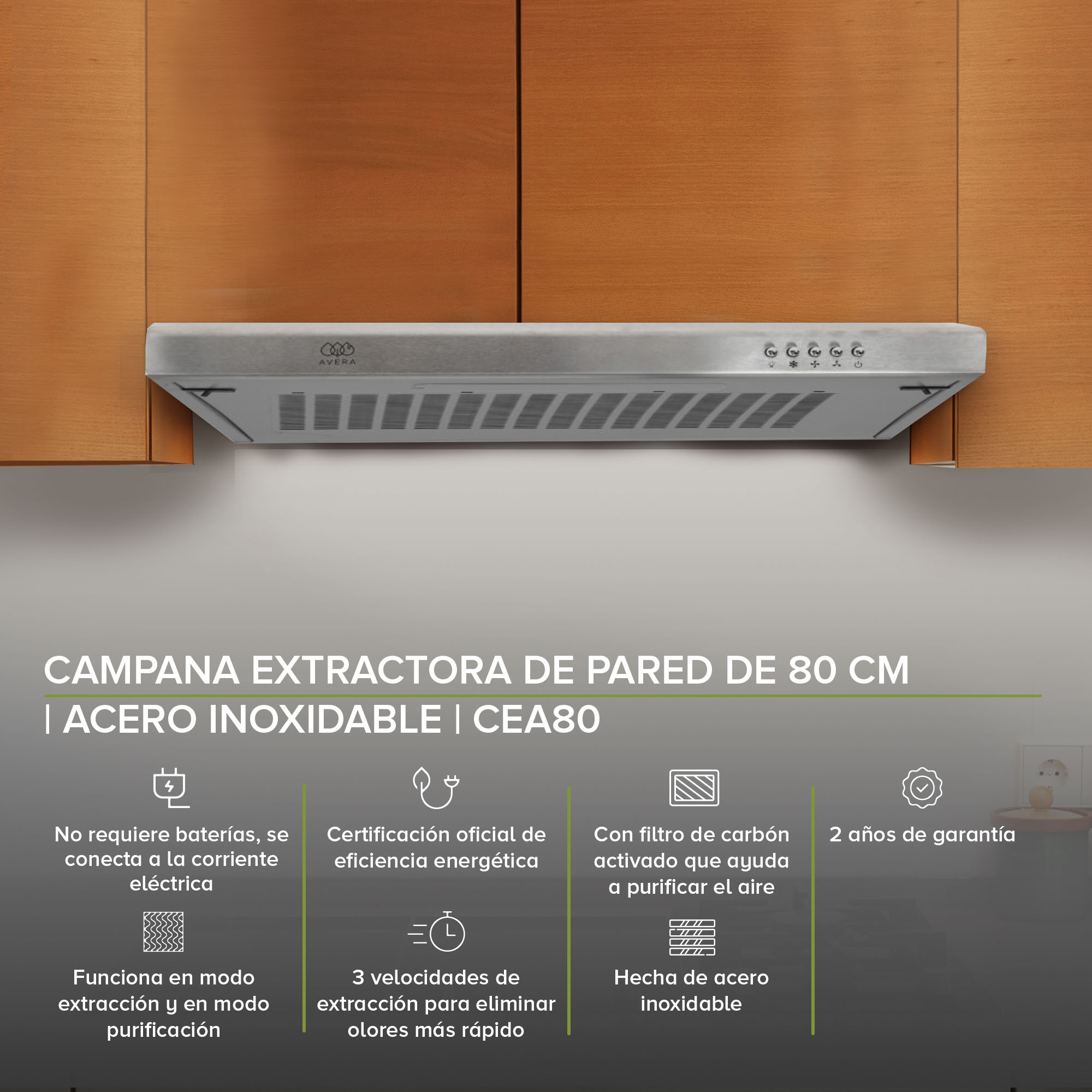 Campana Extractora para Cocina de Pared 80CM  Avera CEA80