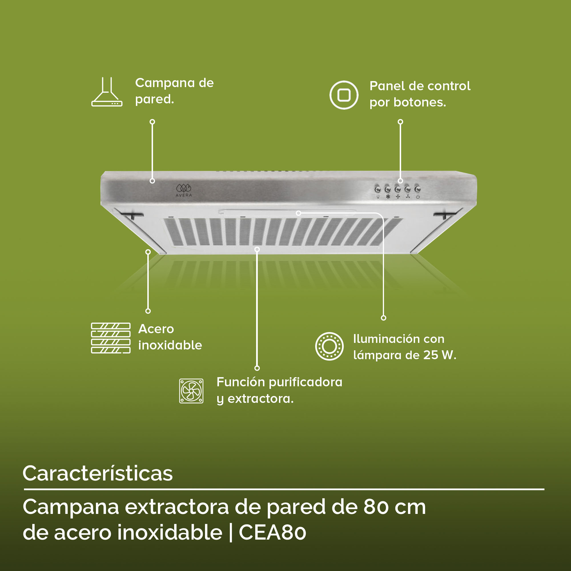 Campana Extractora para Cocina de Pared 80CM  Avera CEA80