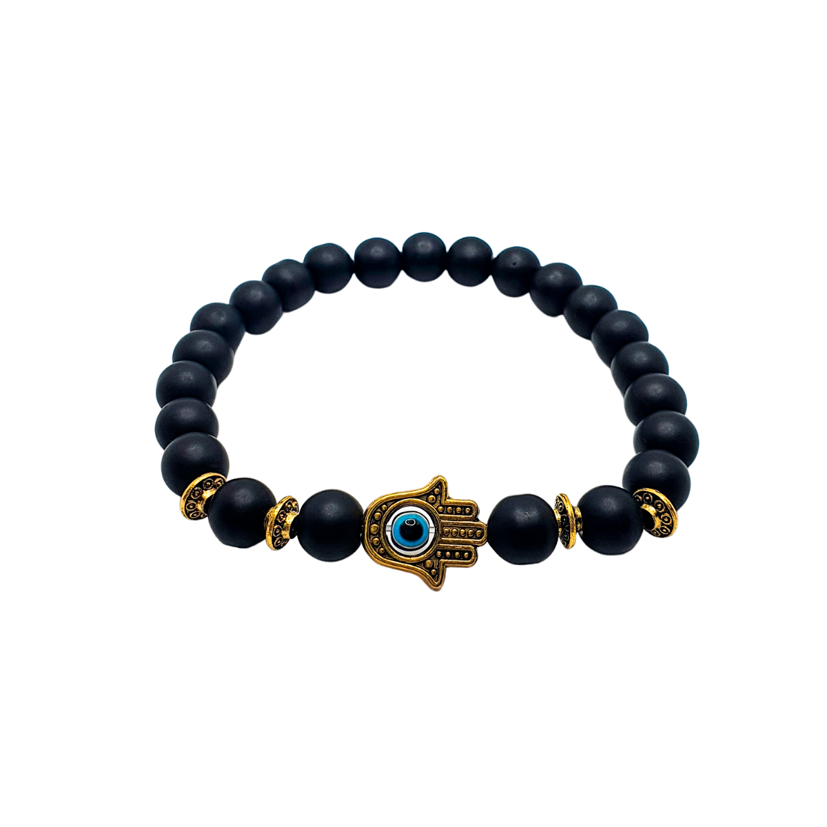 Pulsera ojo turco hombre de ónix mate con mano de Fátima dorada