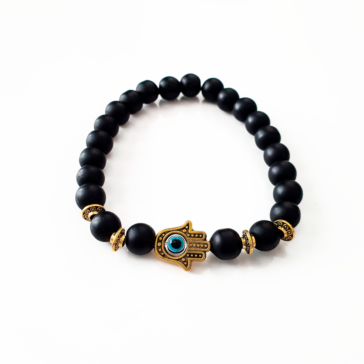 Pulsera ojo turco hombre de ónix mate con mano de Fátima dorada