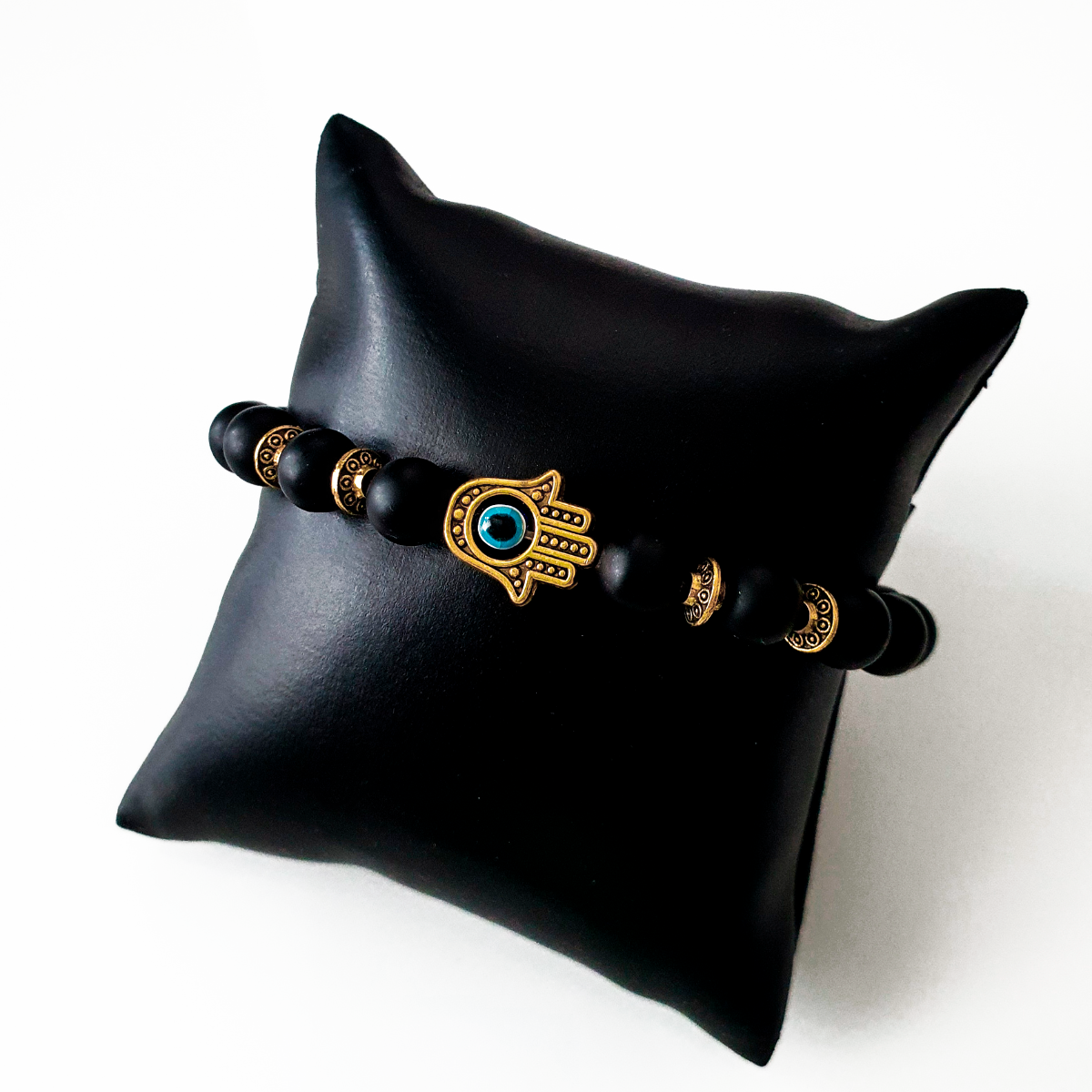 Pulsera ojo turco hombre de ónix mate con mano de Fátima dorada