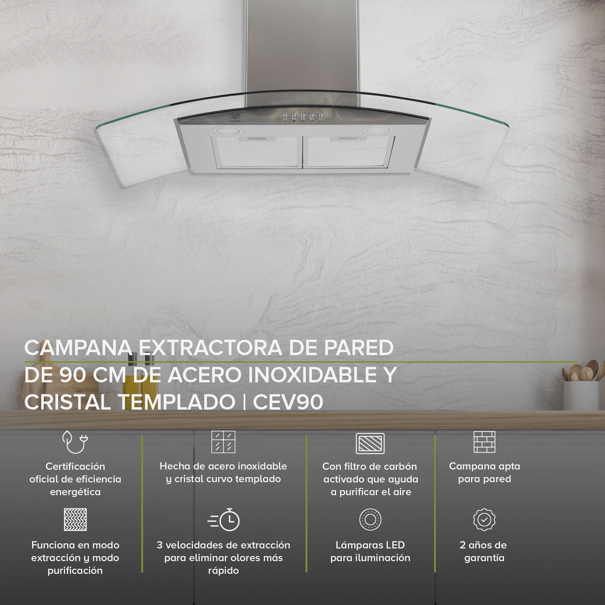 AVERA Campana Extractora o Purificadora para Cocina de Pared 90 cm Cristal Templado y Acero Inxoidable CEV90