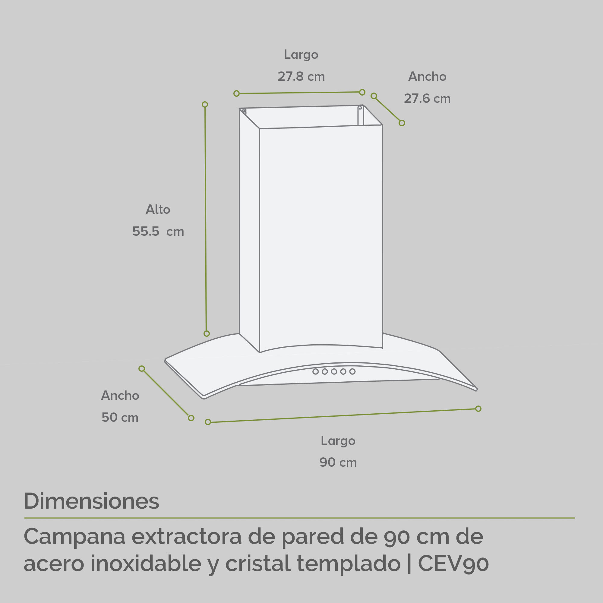 AVERA Campana Extractora o Purificadora para Cocina de Pared 90 cm Cristal Templado y Acero Inxoidable CEV90