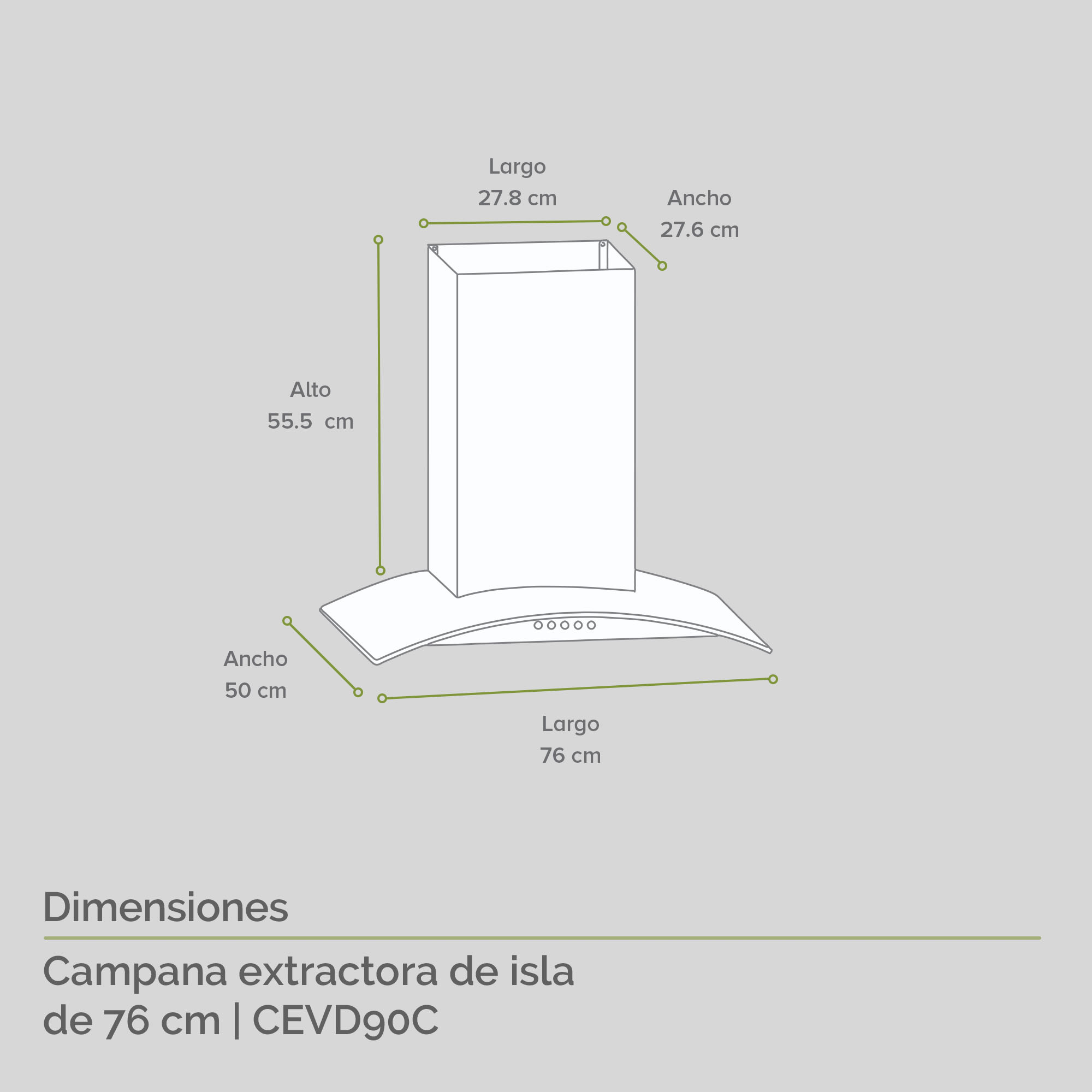 Campana extractora Bolea, Campana extractora de isla, 38 cm (Ø) / 88 -  133 cm (H), Aire de salida/recirculación, 3 niveles, 600 m³/h, Iluminación LED, Incluye filtros de carbón activado