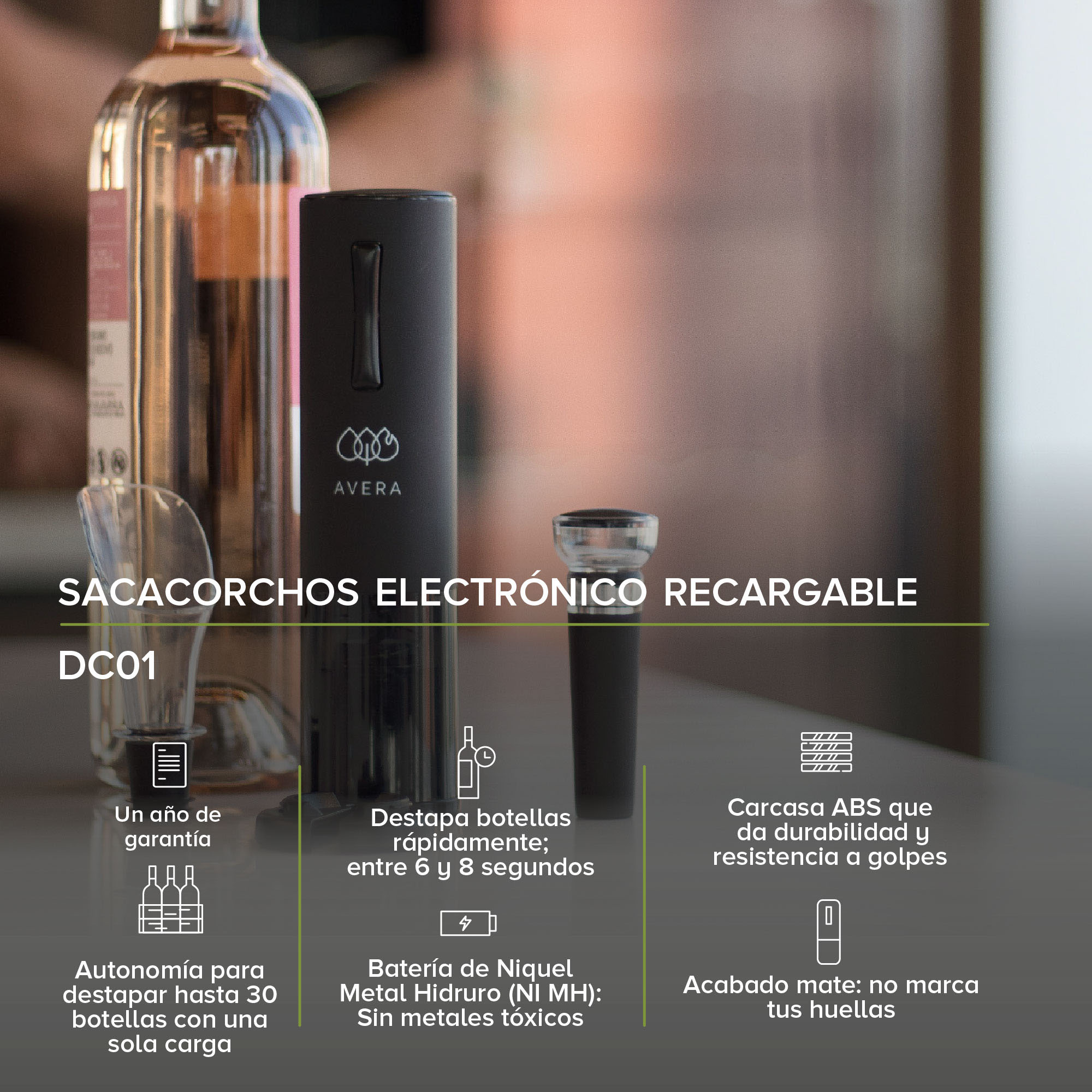AVERA Sacacorchos Eléctrico Recargable Para Vinos Batería Cable USB DC01