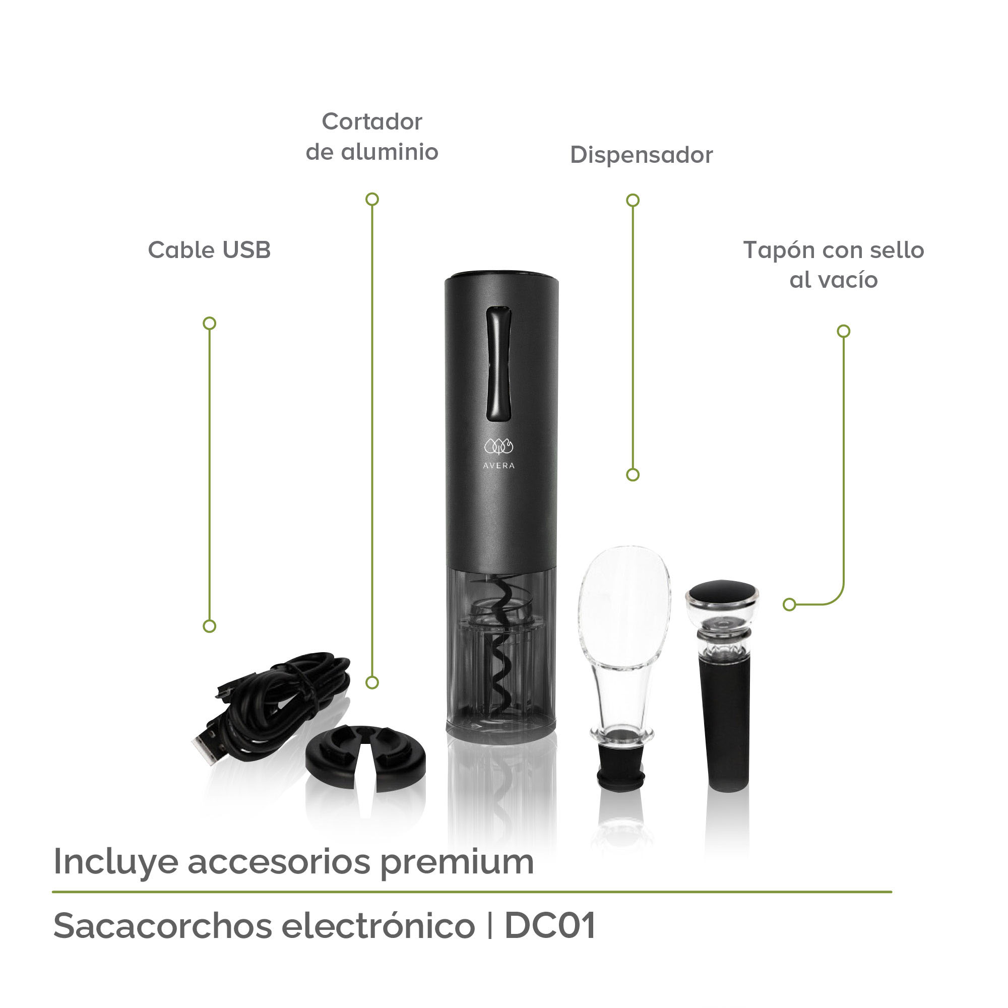AVERA Sacacorchos Eléctrico Recargable Para Vinos Batería Cable USB DC01