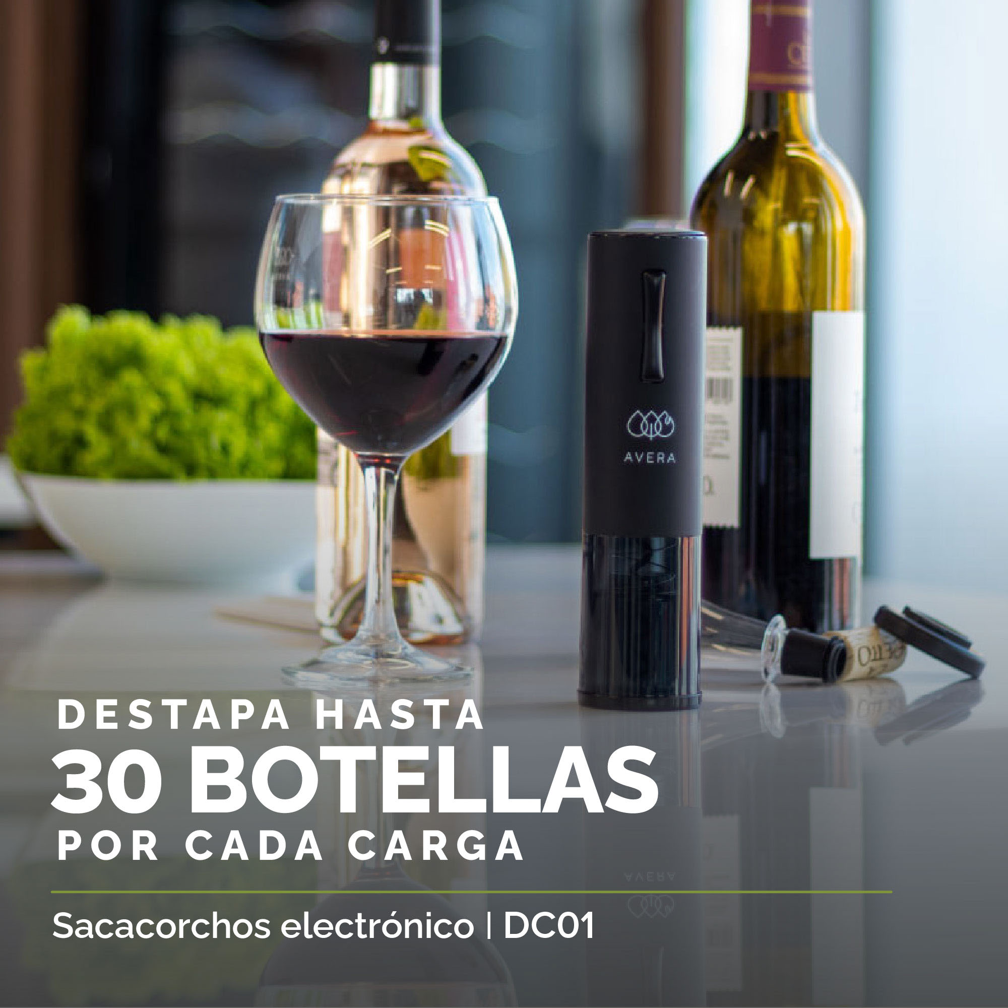 AVERA Sacacorchos Eléctrico Recargable Para Vinos Batería Cable USB DC01