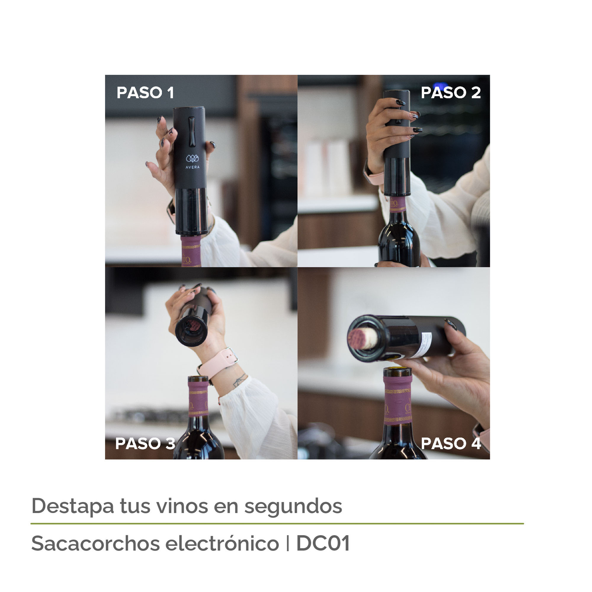 AVERA Sacacorchos Eléctrico Recargable Para Vinos Batería Cable USB DC01