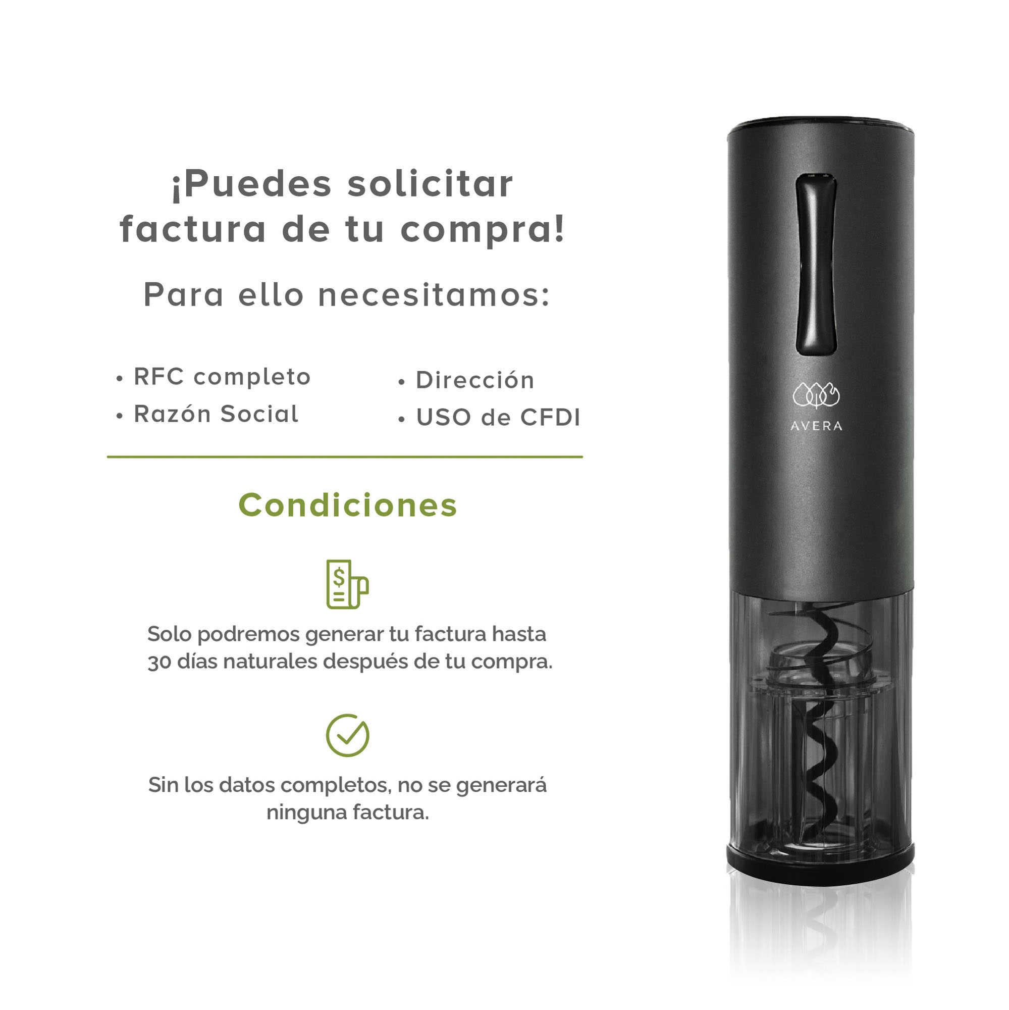 AVERA Sacacorchos Eléctrico Recargable Para Vinos Batería Cable USB DC01