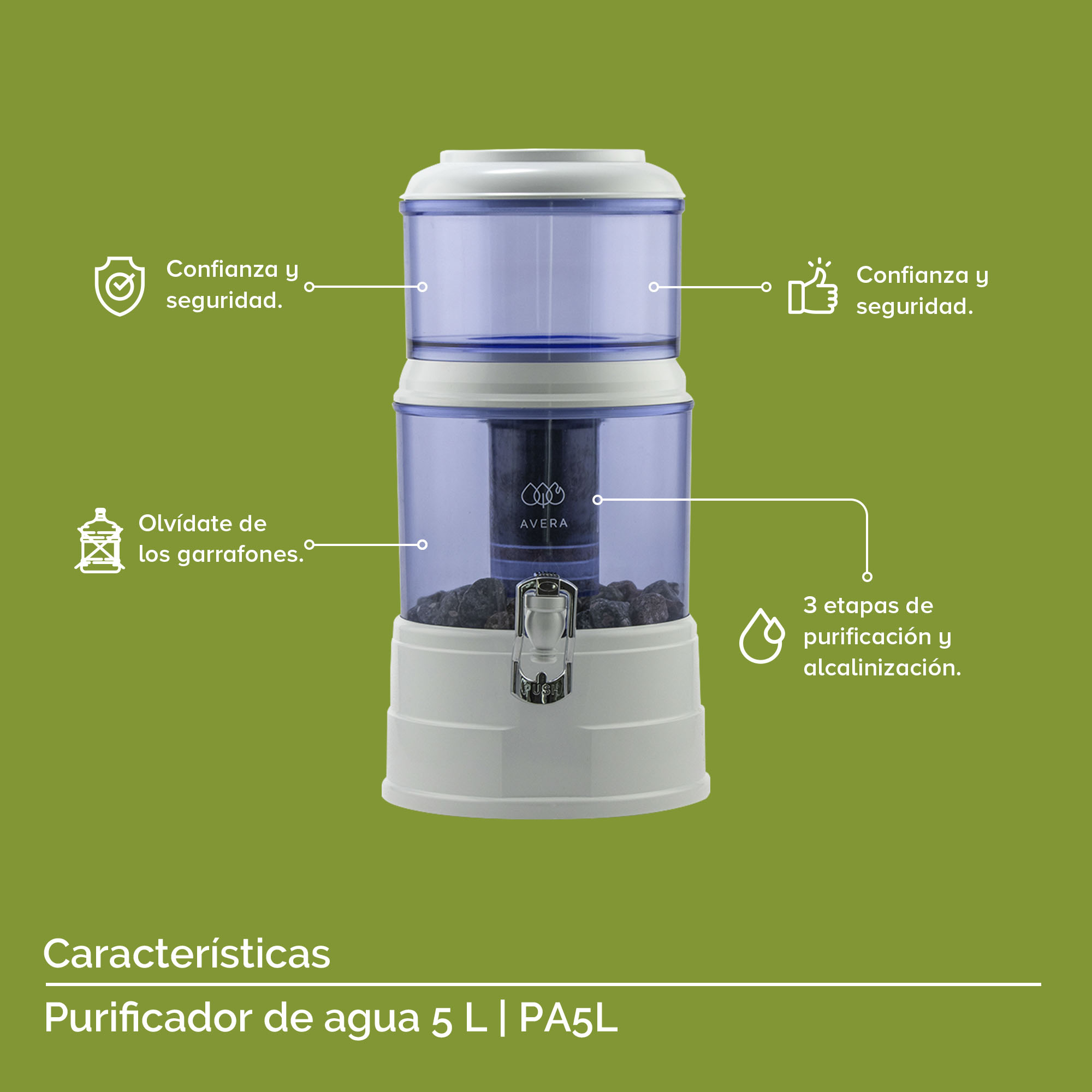 AVERA Purificador De Agua para 5 Litros. Filtro De Agua con 3 etapas Filtro de carbón activado