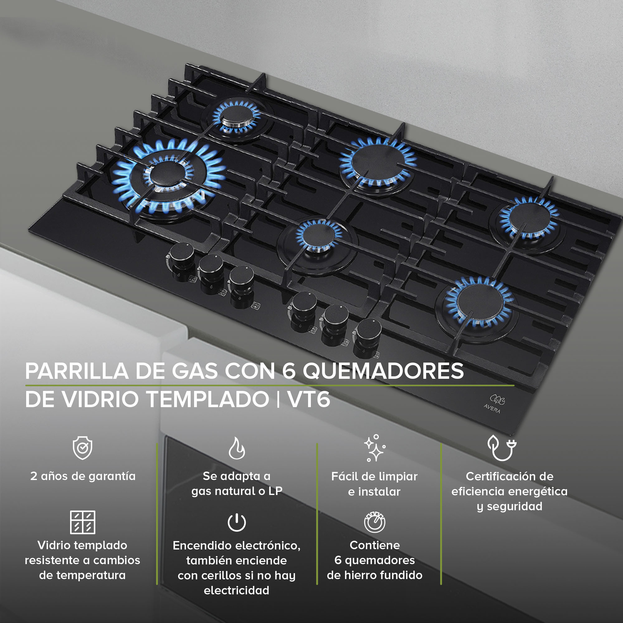 AVERA Parrilla de Gas para Empotrar Vidrio Templado con 6 Quemadores VT6