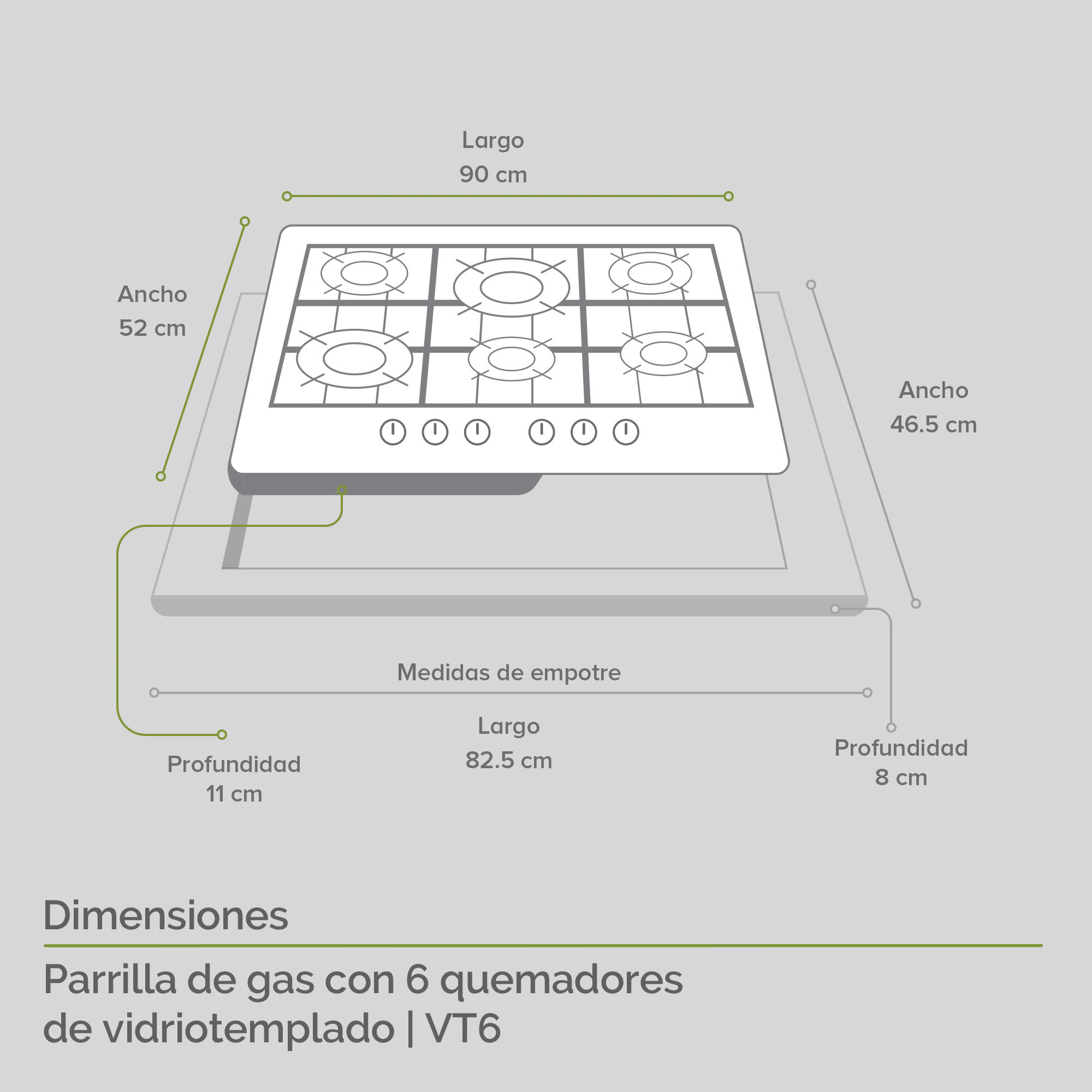AVERA Parrilla de Gas para Empotrar Vidrio Templado con 6 Quemadores VT6