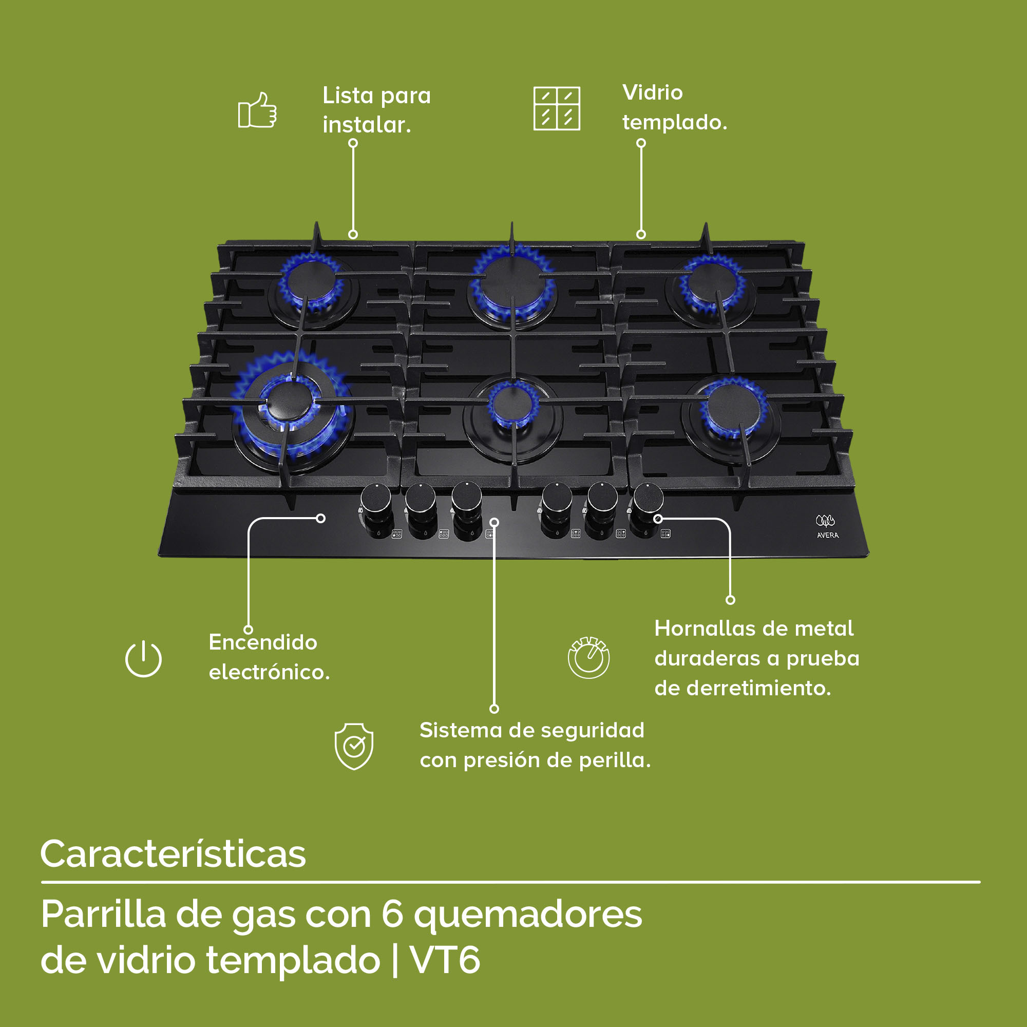 AVERA Parrilla de Gas para Empotrar Vidrio Templado con 6 Quemadores VT6
