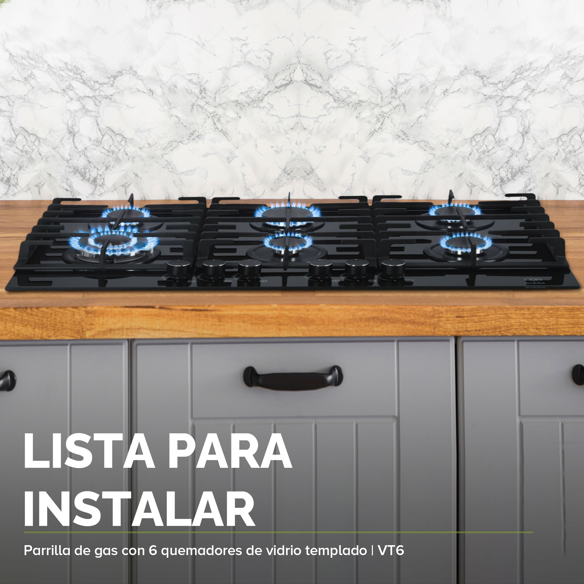 AVERA Parrilla de Gas para Empotrar Vidrio Templado con 6 Quemadores VT6